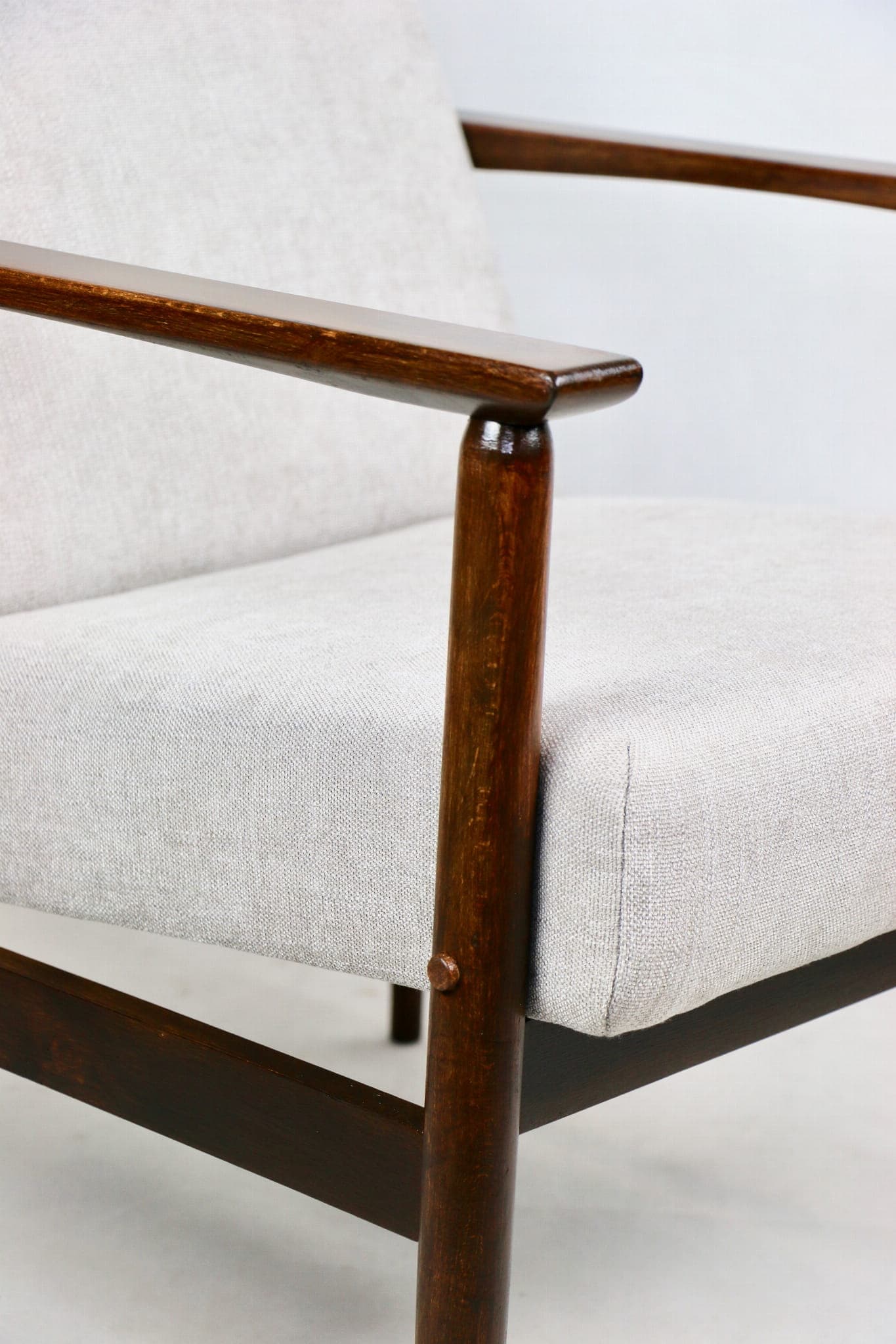 Armchair, light grey, dark brown wood, 1970s - 107533