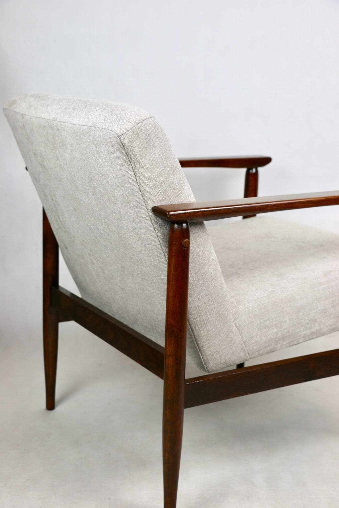 Armchair, light grey, dark brown wood, 1970s - 107540