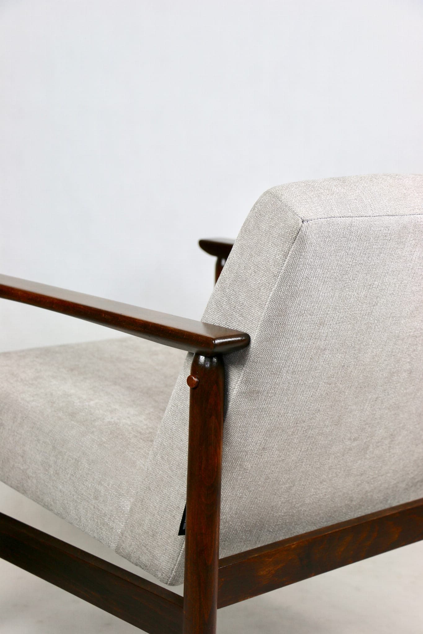Armchair, light grey, dark brown wood, 1970s - 107537