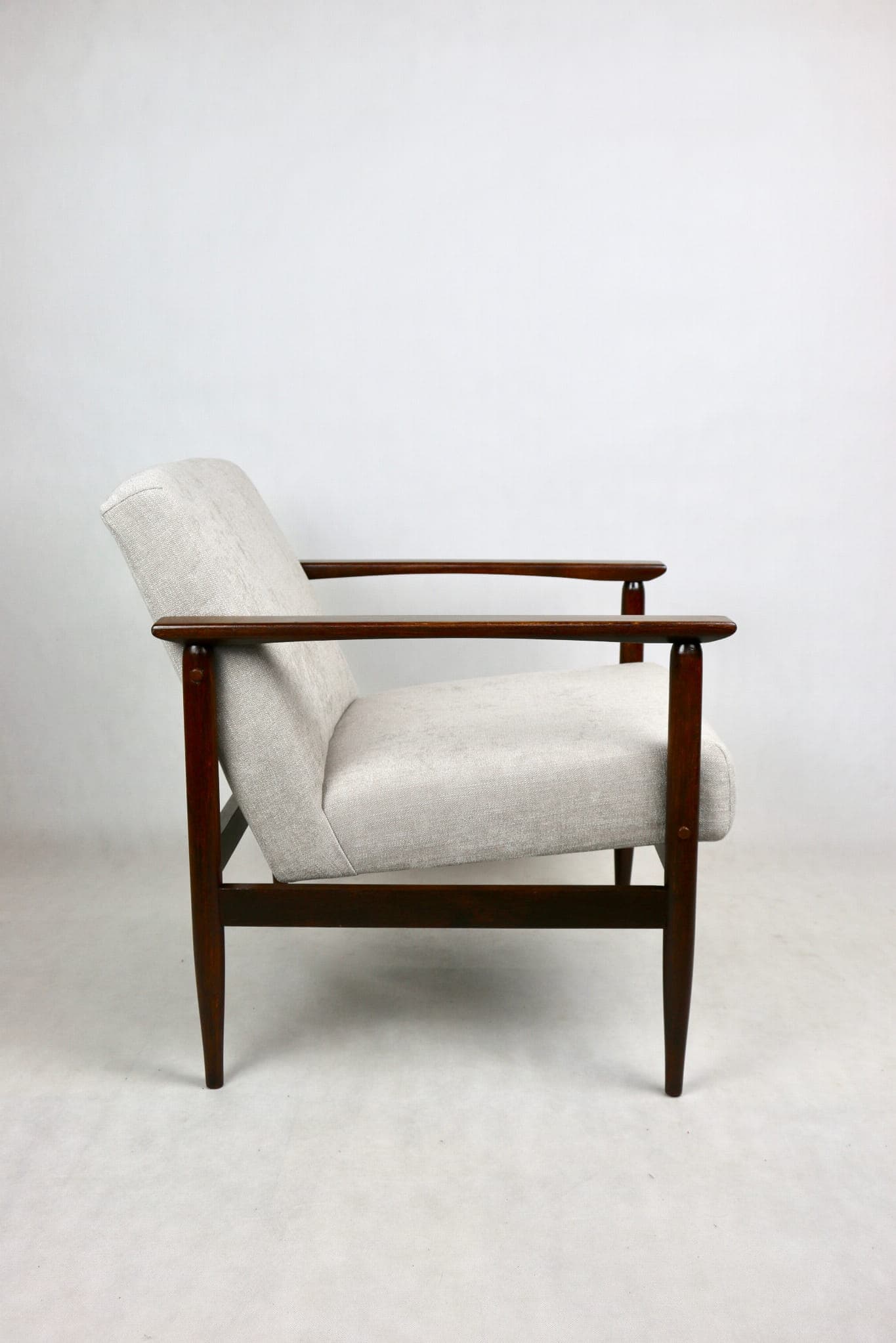 Armchair, light grey, dark brown wood, 1970s - 107541