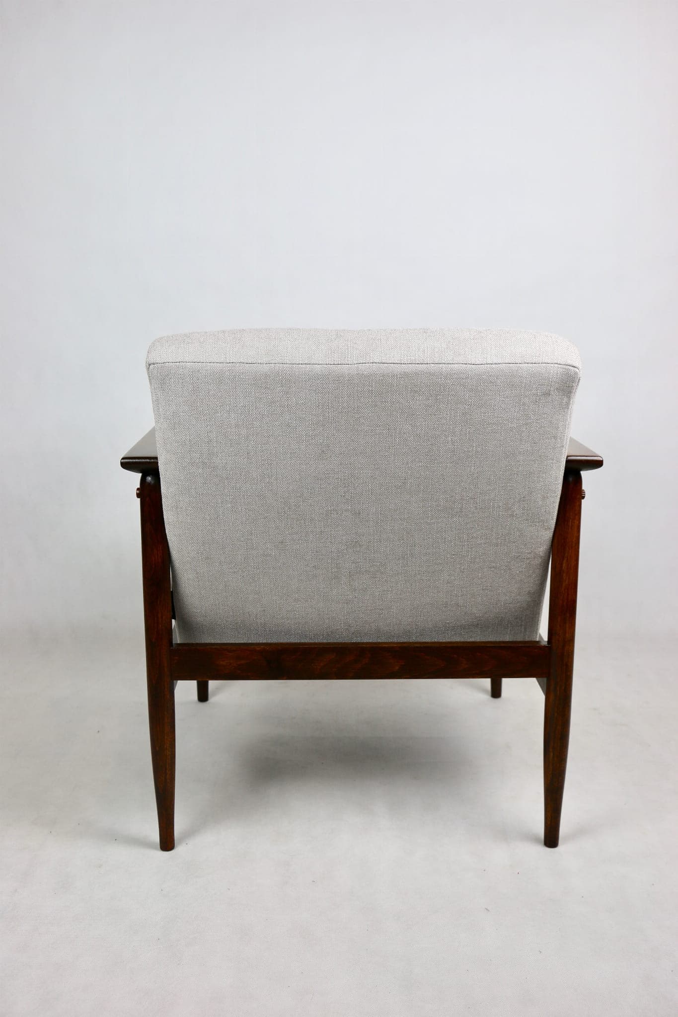 Armchair, light grey, dark brown wood, 1970s - 107538