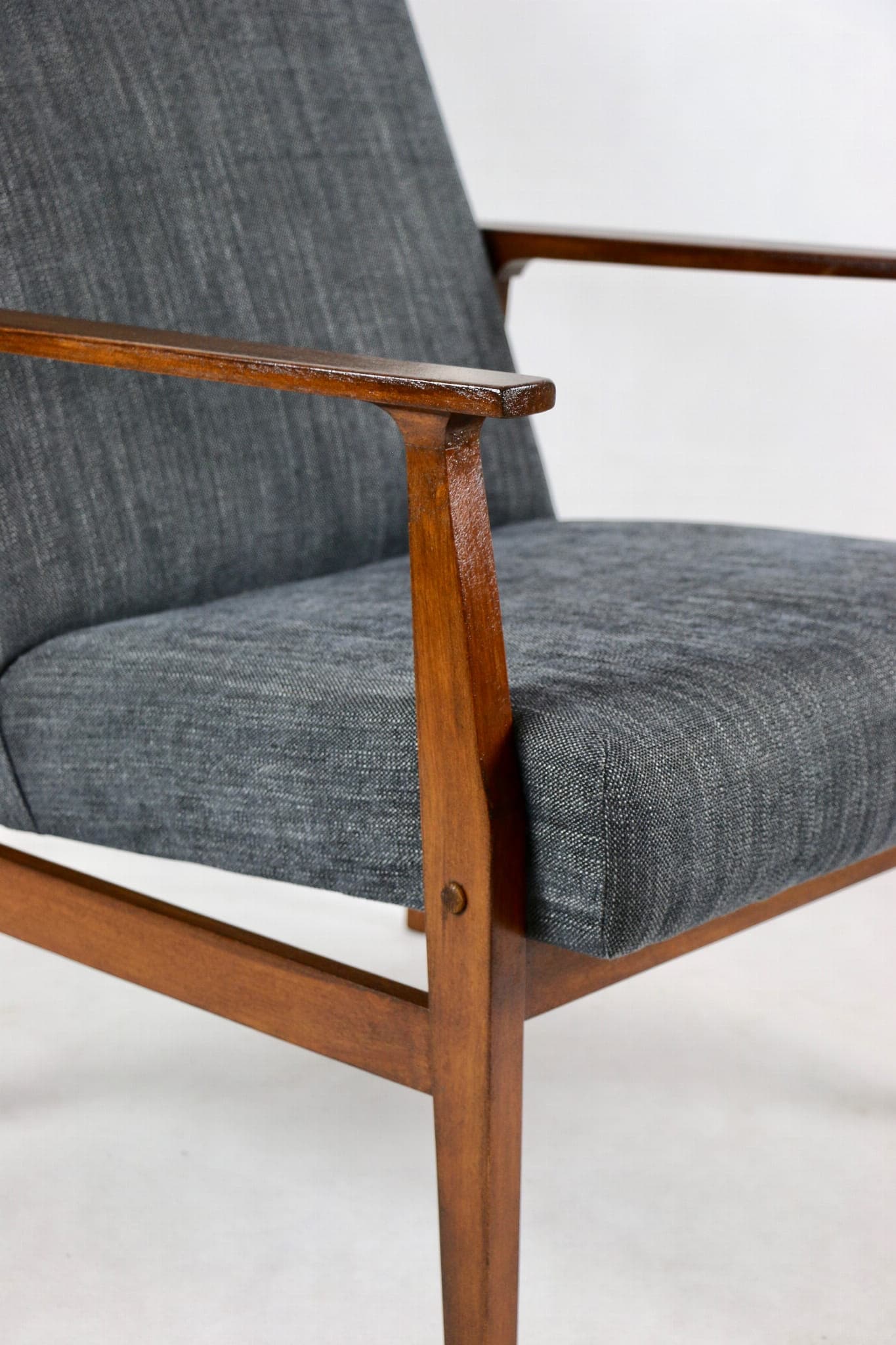 Armchair, grey textured upholstery, wood, 1970s. - 107512