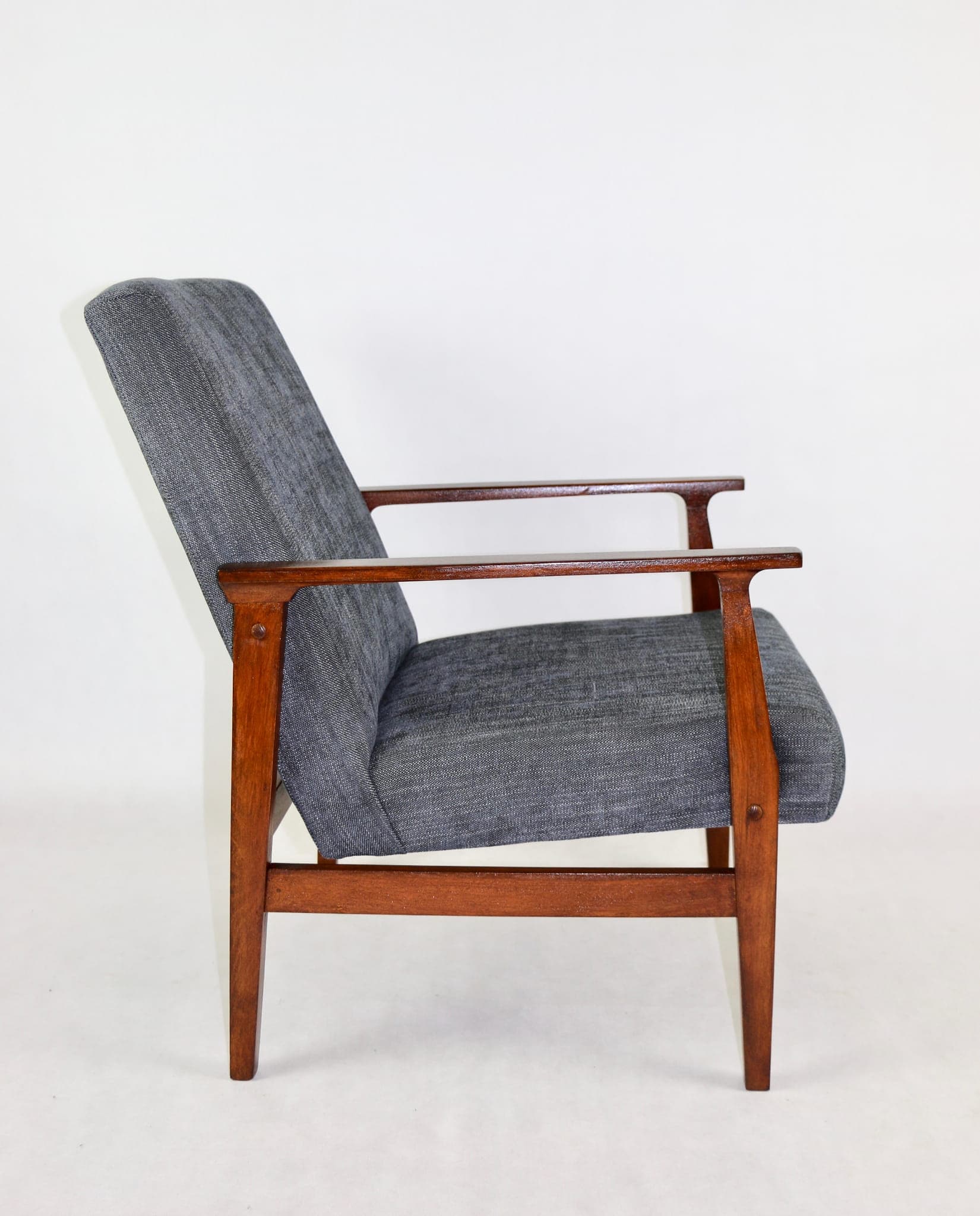 Armchair, grey textured upholstery, wood, 1970s. - 107515