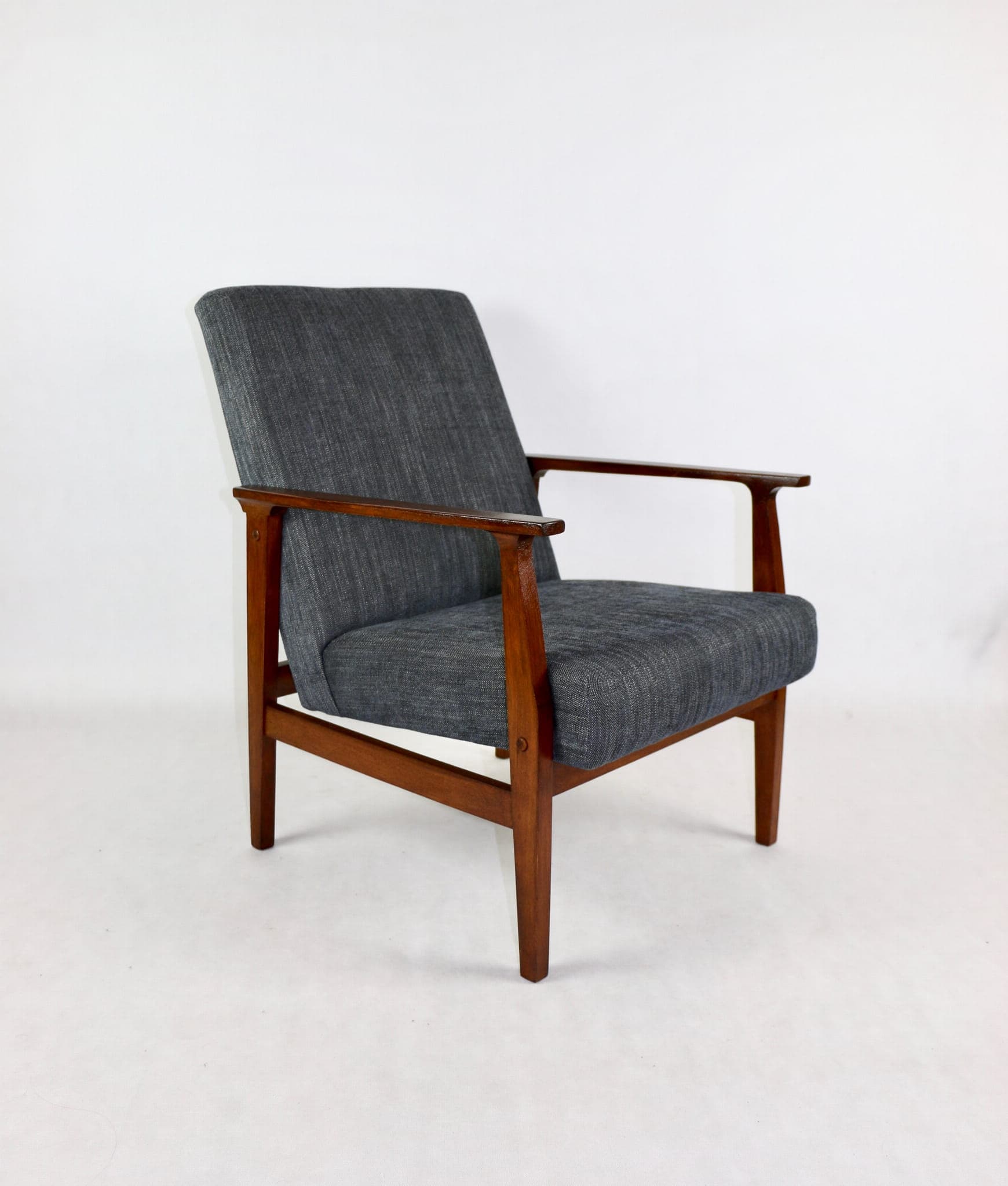 Armchair, grey textured upholstery, wood, 1970s. - 107514
