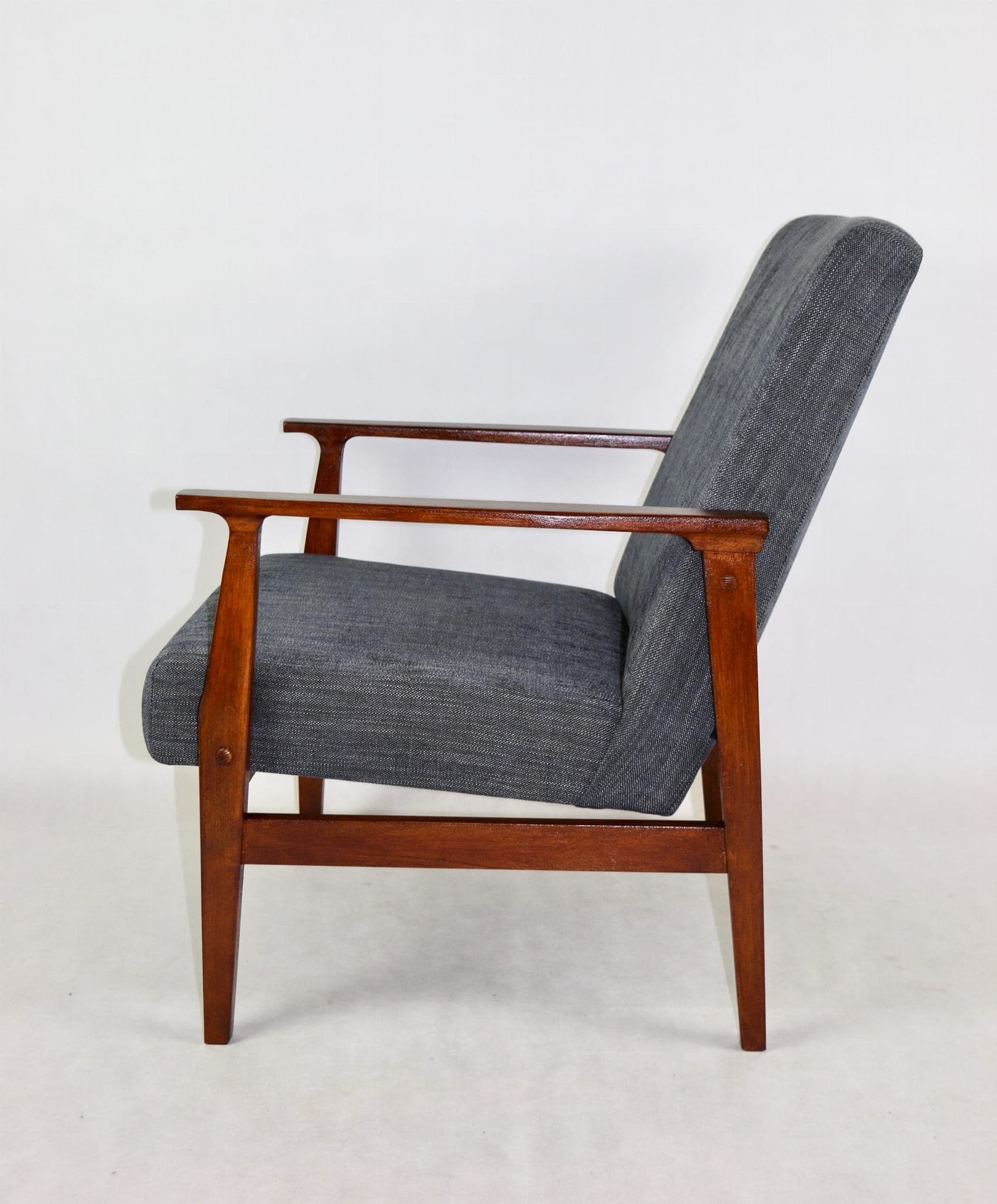 Armchair, grey textured upholstery, wood, 1970s. - 107518