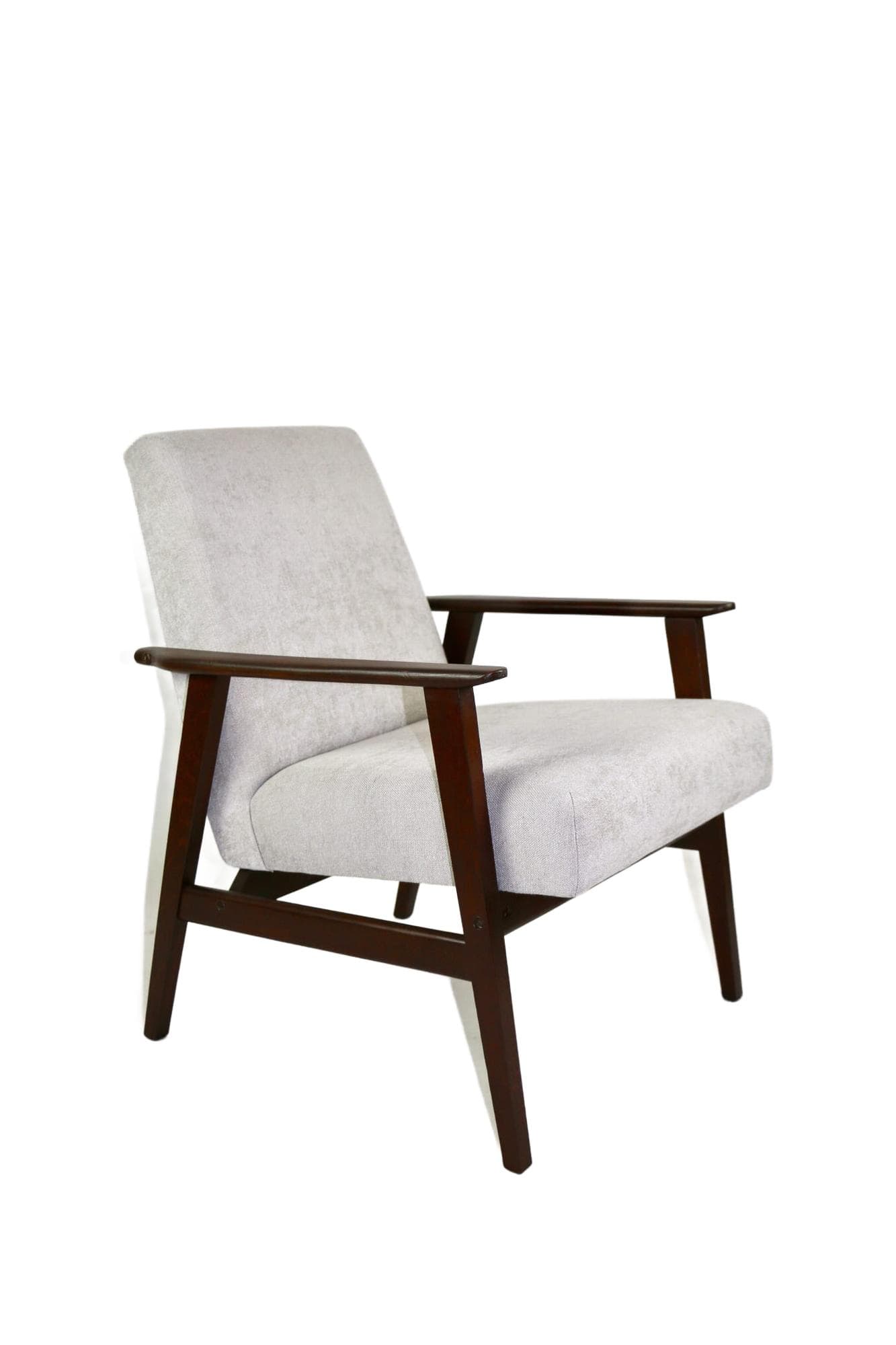 Fotel Lis, jasnoszary, drewno orzech, proj. H. Lis, Polska, lata 70.