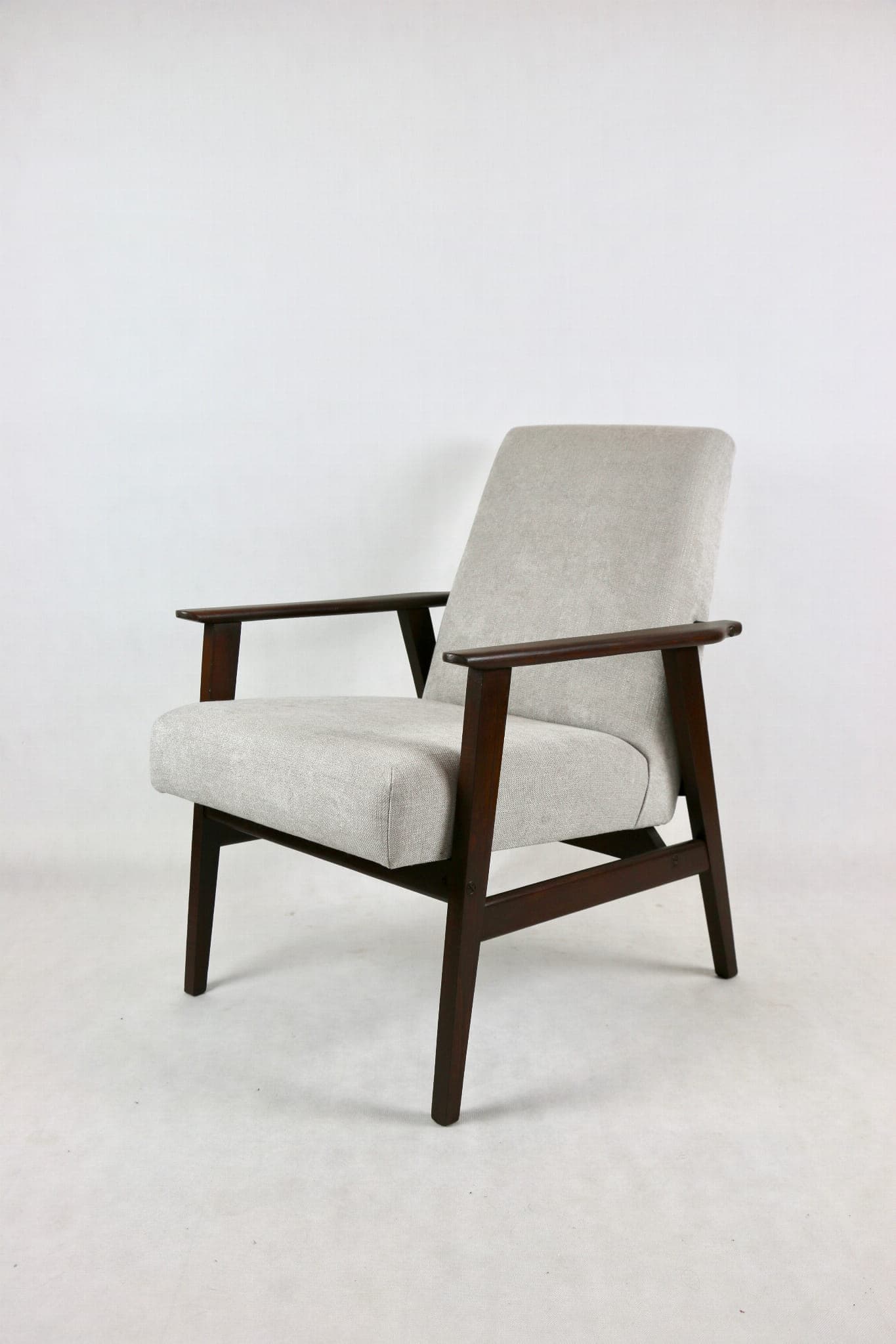 Fotel Lis, jasnoszary, drewno orzech, proj. H. Lis, Polska, lata 70. - 107498