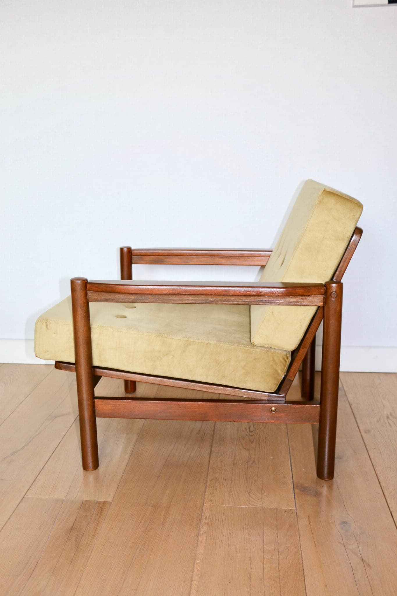 Armchair, yellow-olive velvet, brown beech, by Z. Bączyk, Poland, 1970s. - 107462