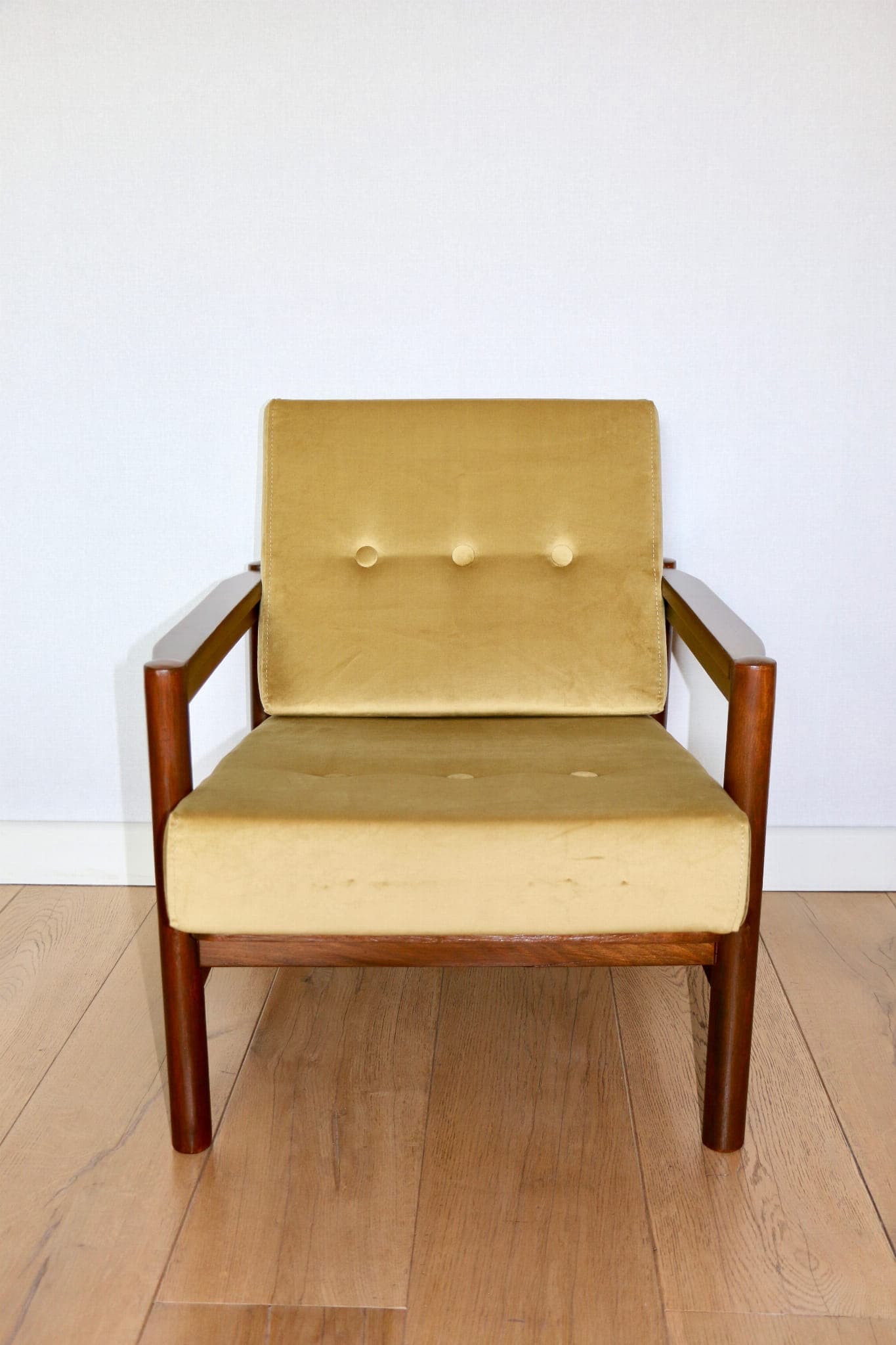Armchair, yellow-olive velvet, brown beech, by Z. Bączyk, Poland, 1970s. - 107457