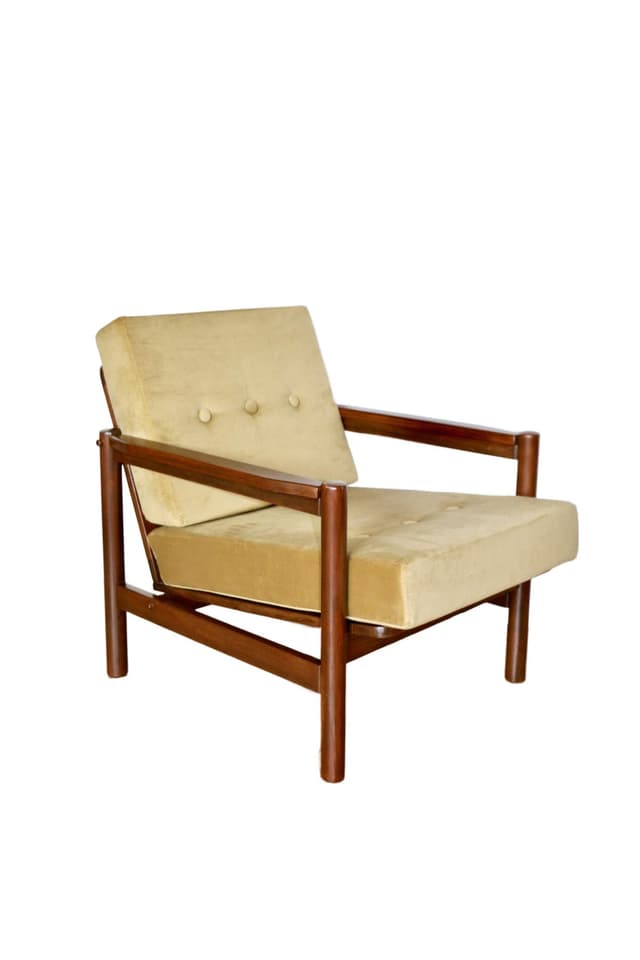 Armchair, yellow-olive velvet, brown beech, by Z. Bączyk, Poland, 1970s. - DIMENSION