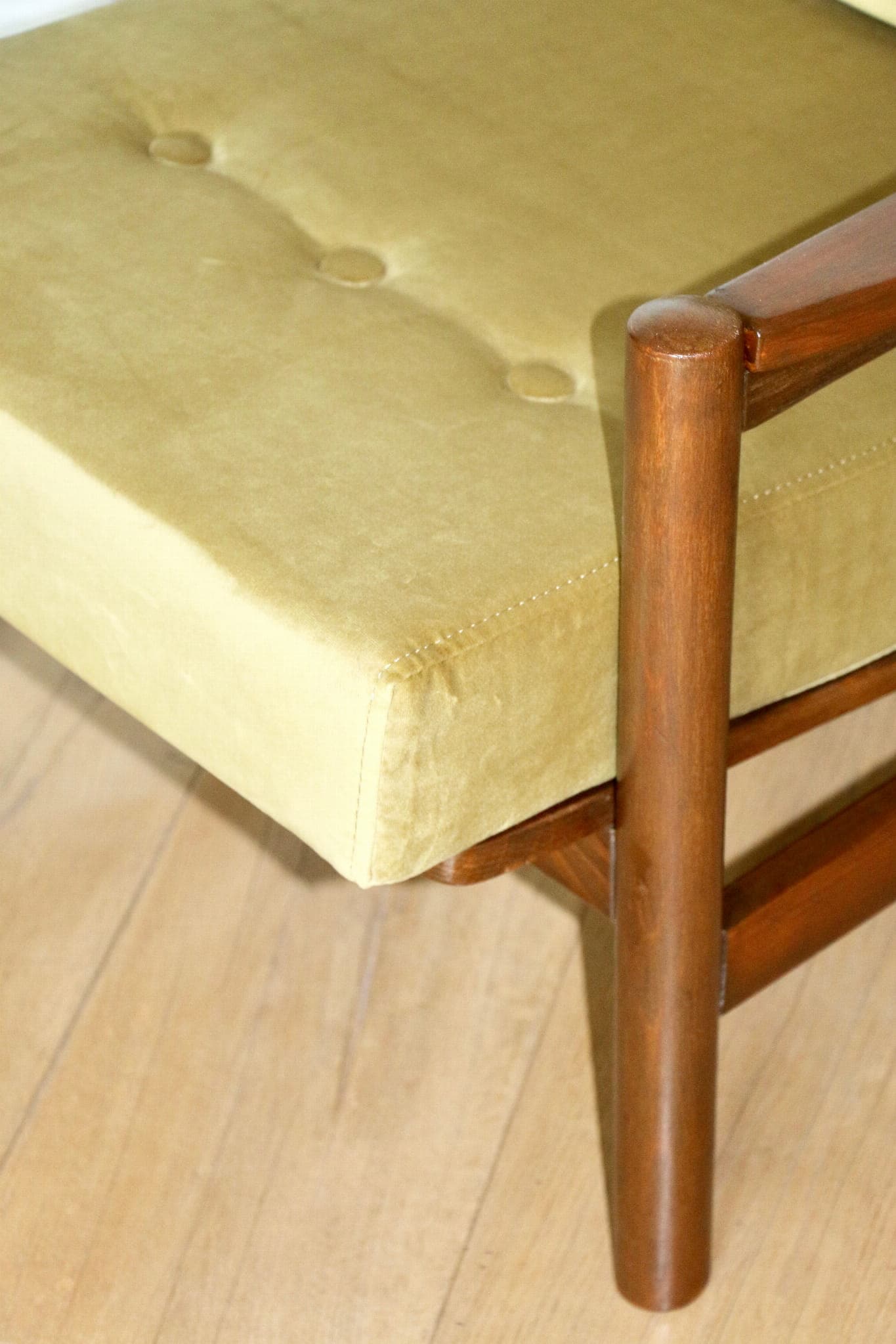 Armchair, yellow-olive velvet, brown beech, by Z. Bączyk, Poland, 1970s. - 107460