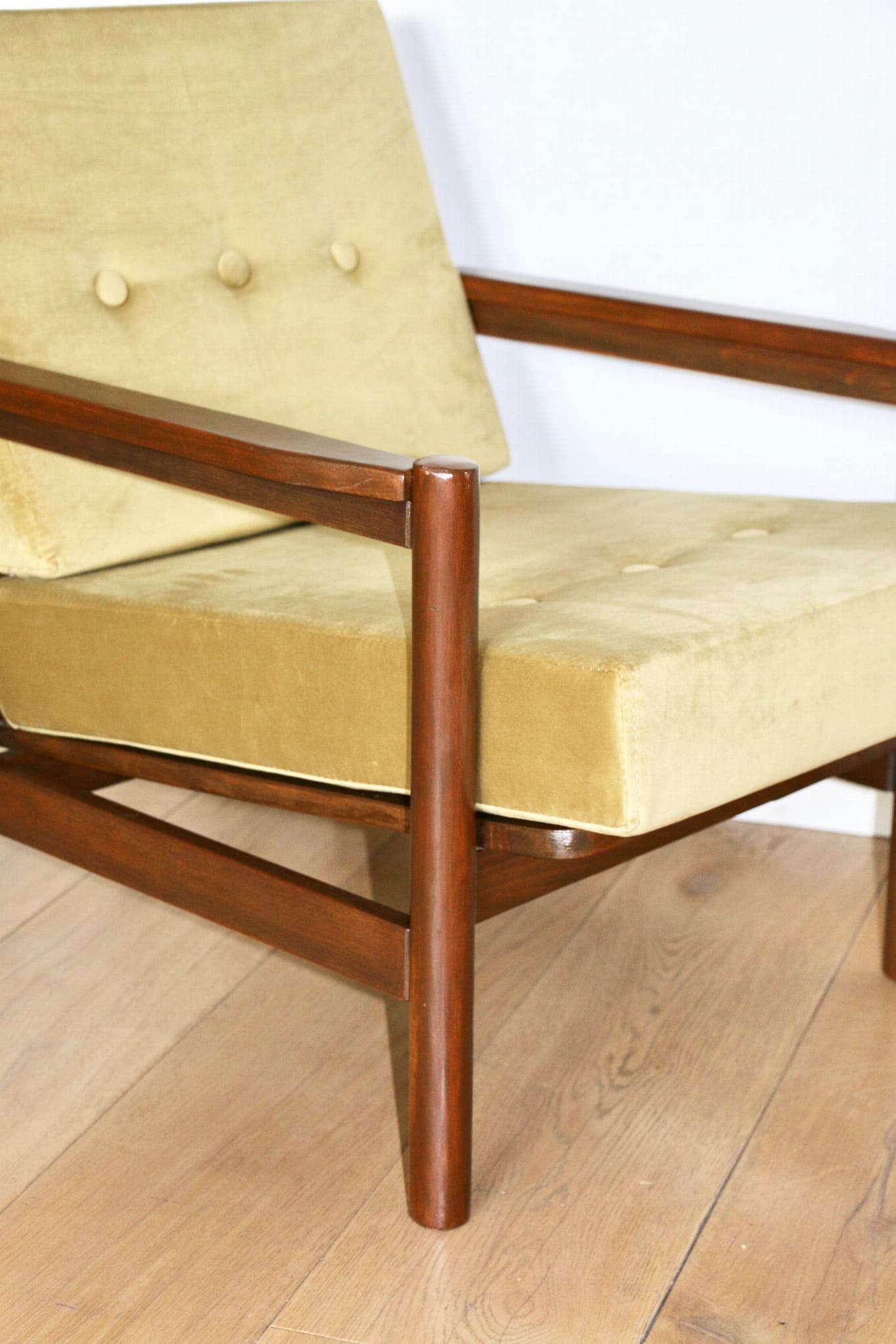 Armchair, yellow-olive velvet, brown beech, by Z. Bączyk, Poland, 1970s. - 107458