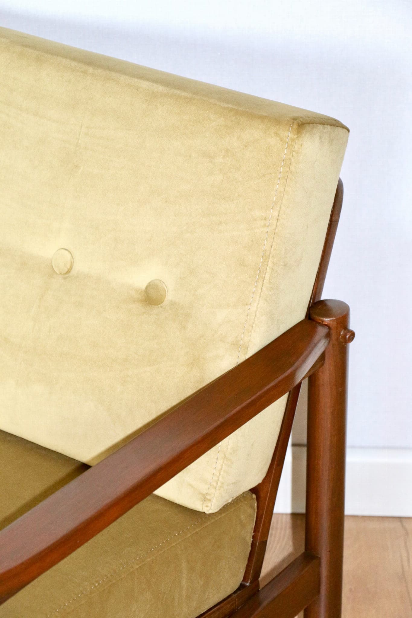 Armchair, yellow-olive velvet, brown beech, by Z. Bączyk, Poland, 1970s. - 107461