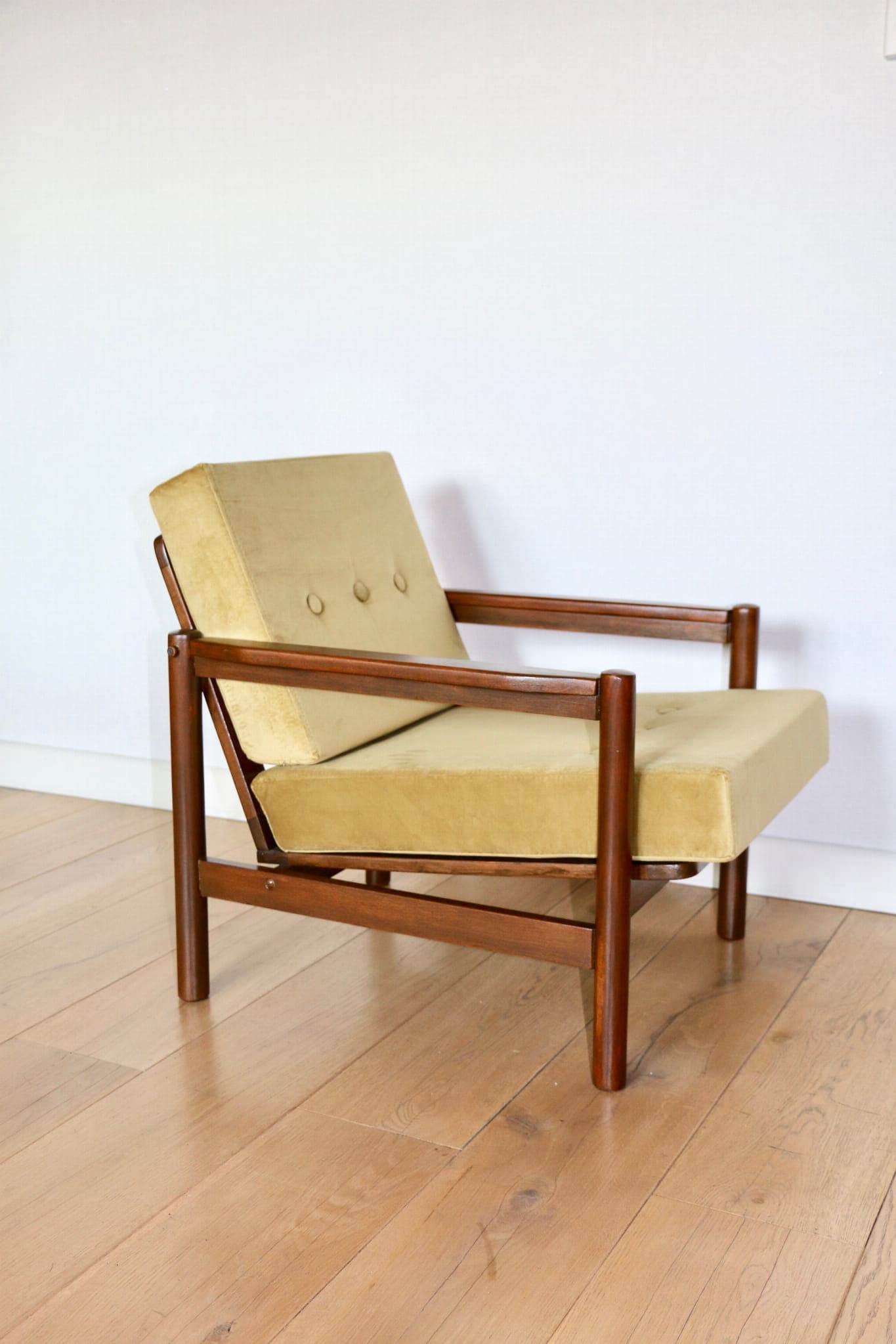 Armchair, yellow-olive velvet, brown beech, by Z. Bączyk, Poland, 1970s. - 107466