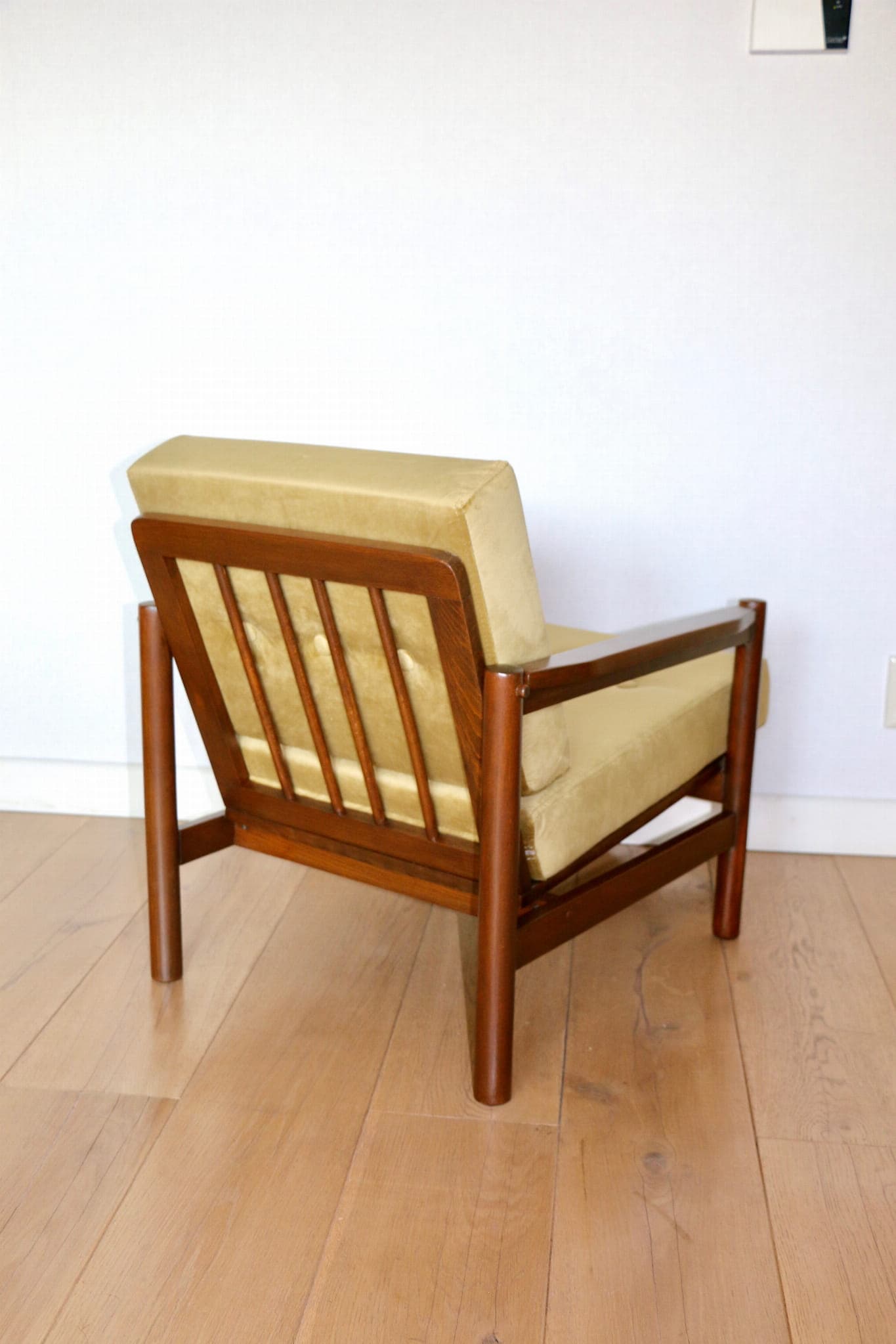 Armchair, yellow-olive velvet, brown beech, by Z. Bączyk, Poland, 1970s. - 107464