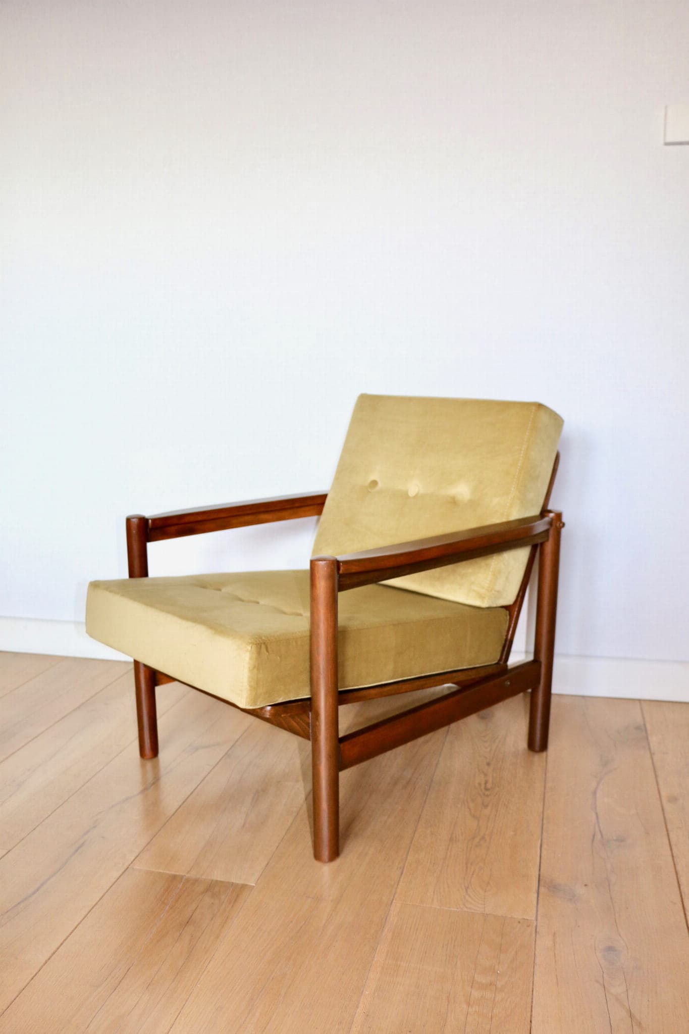 Armchair, yellow-olive velvet, brown beech, by Z. Bączyk, Poland, 1970s. - 107459