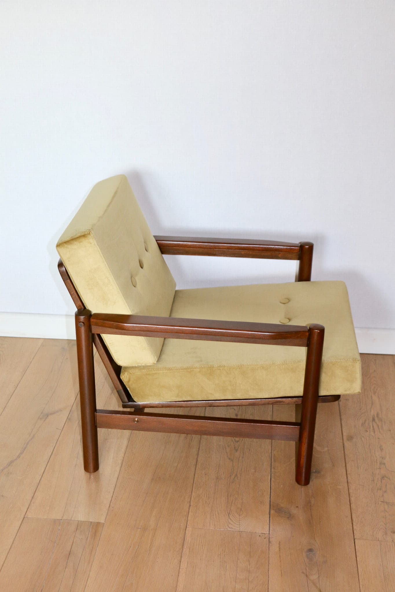 Armchair, yellow-olive velvet, brown beech, by Z. Bączyk, Poland, 1970s. - 107465