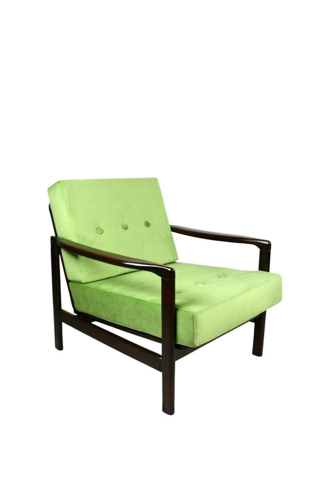 Fotel, velvet zielony, drewno brązowy, proj. Z. Bączyk, Polska, lata 70. - WYMIARY