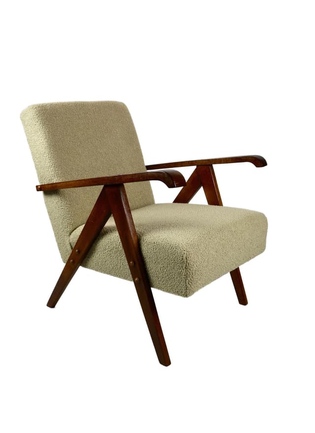 Fotel Var, boucle beż, orzech, lata 70. - WYMIARY