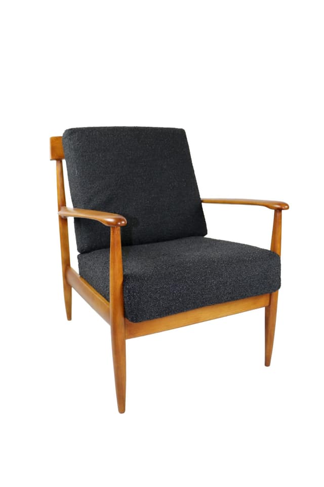 Armchair, black bouclé, wood, Denmark, 1970s. - DIMENSION