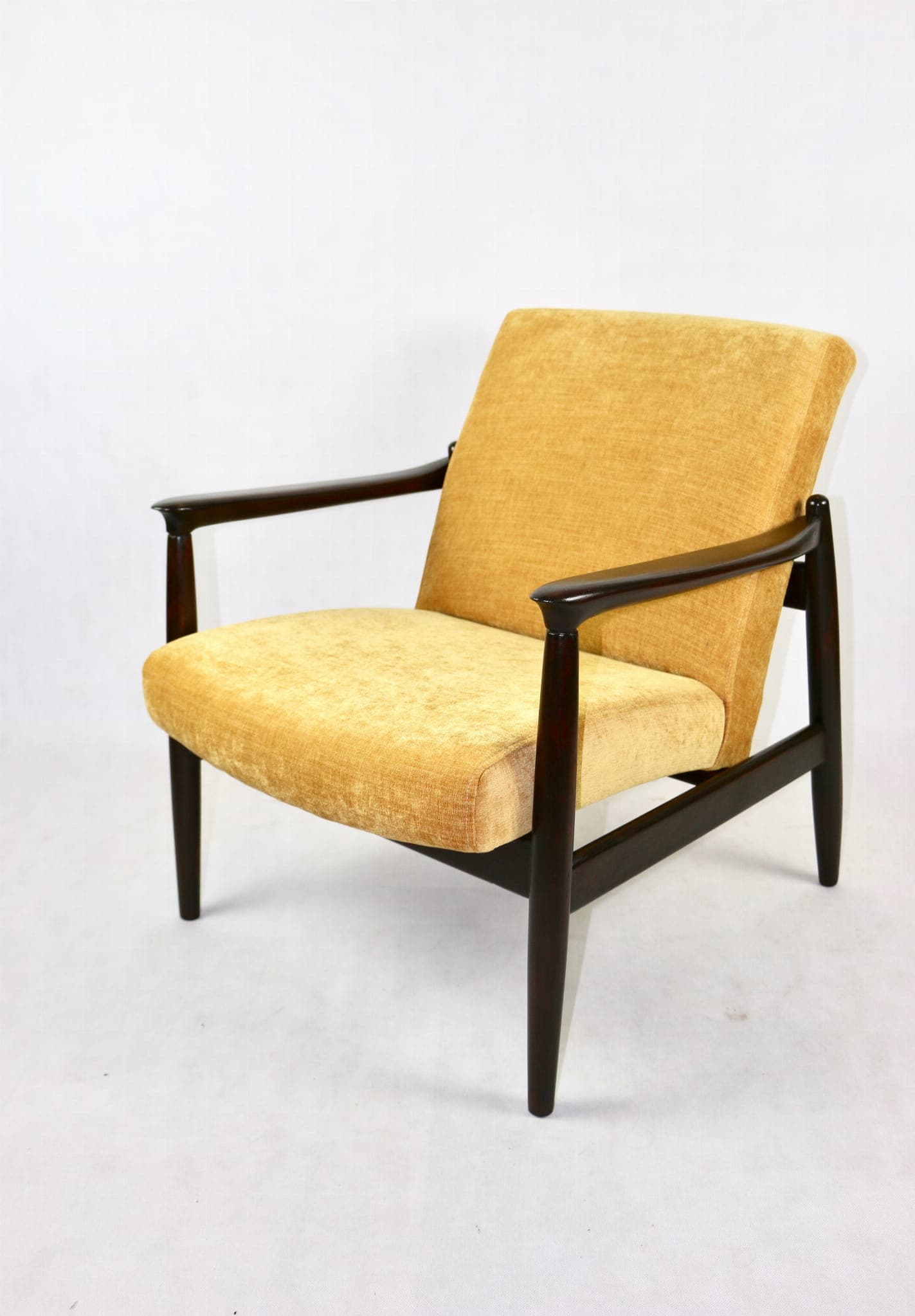 Armchair GFM-64, yellow textured fabric, dark brown wood, by E. Homa, Poland, 1960s. - 107331