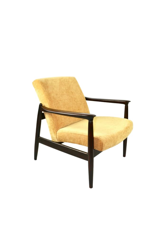 Armchair GFM-64, yellow textured fabric, dark brown wood, by E. Homa, Poland, 1960s. - DIMENSION