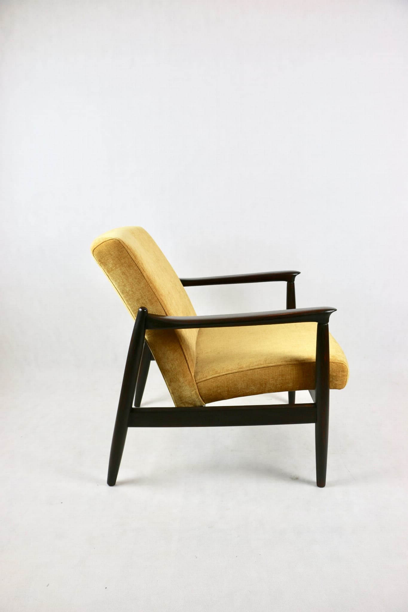 Armchair GFM-64, yellow textured fabric, dark brown wood, by E. Homa, Poland, 1960s. - 107336
