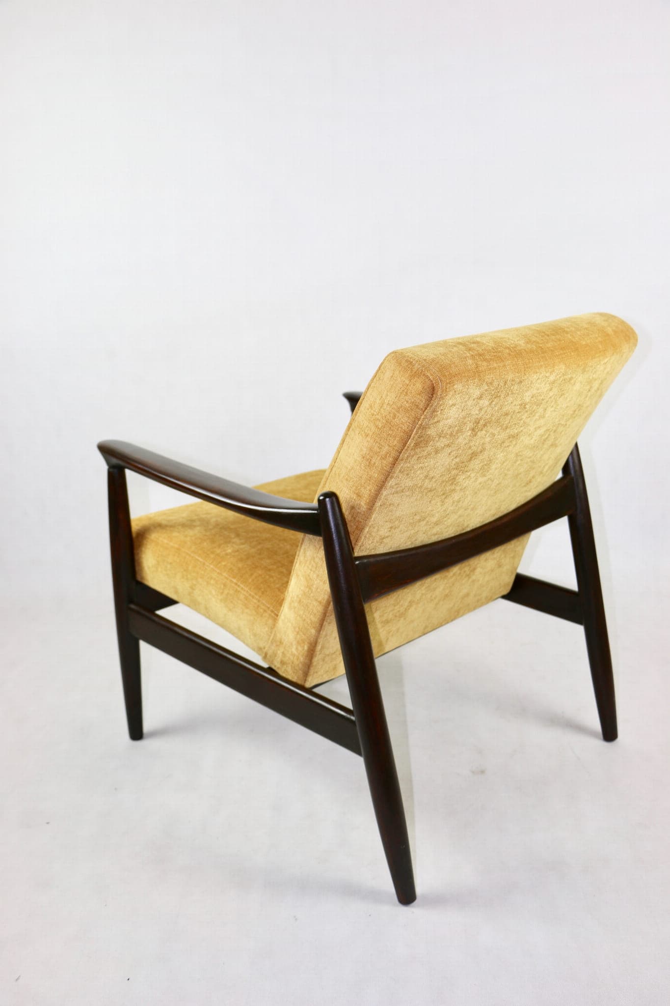 Armchair GFM-64, yellow textured fabric, dark brown wood, by E. Homa, Poland, 1960s. - 107333