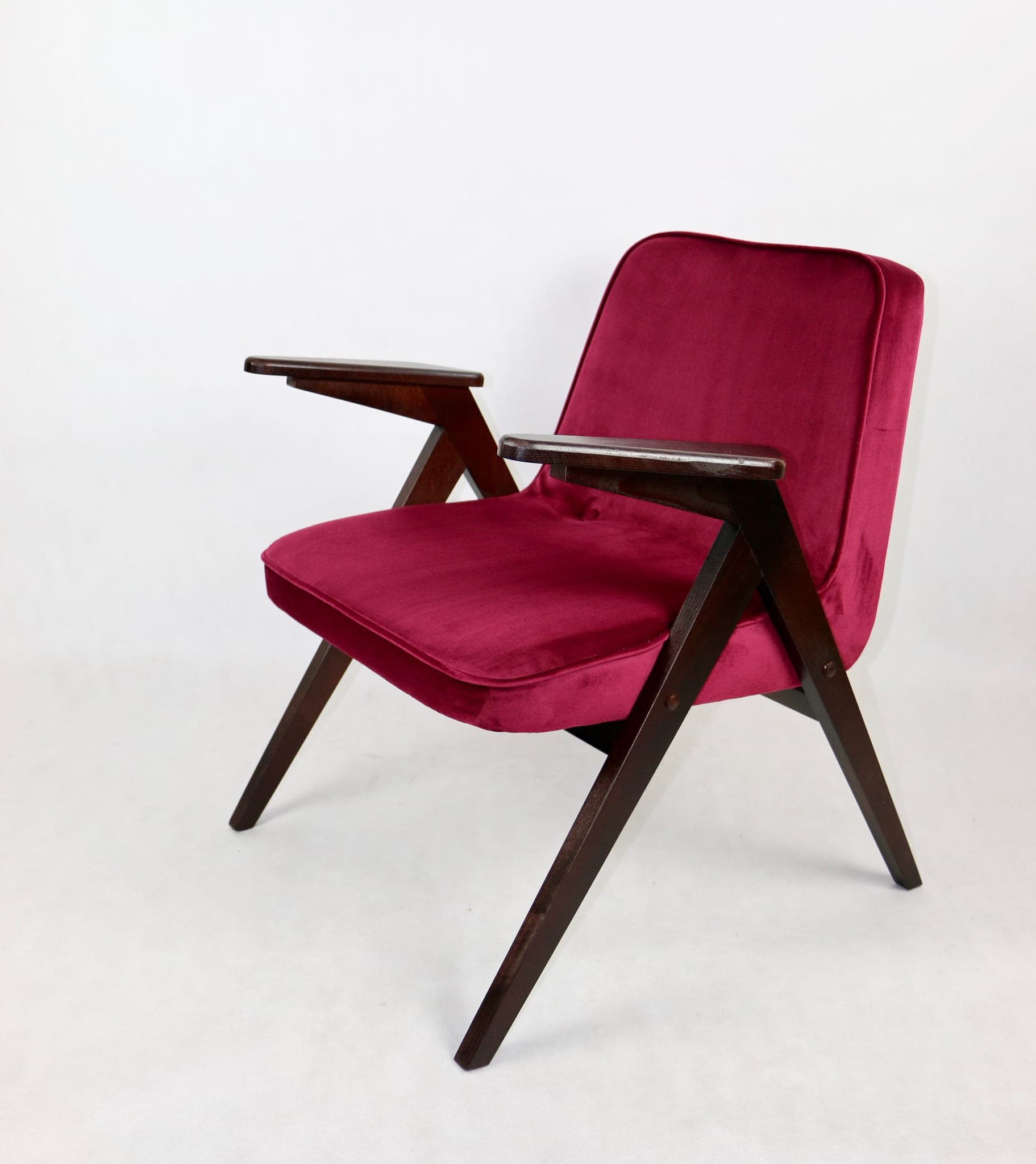 Armchair Bunny Zajączek, maroon velvet, walnut wood, by J. Chierowski, Poland, 1970s. - 107246