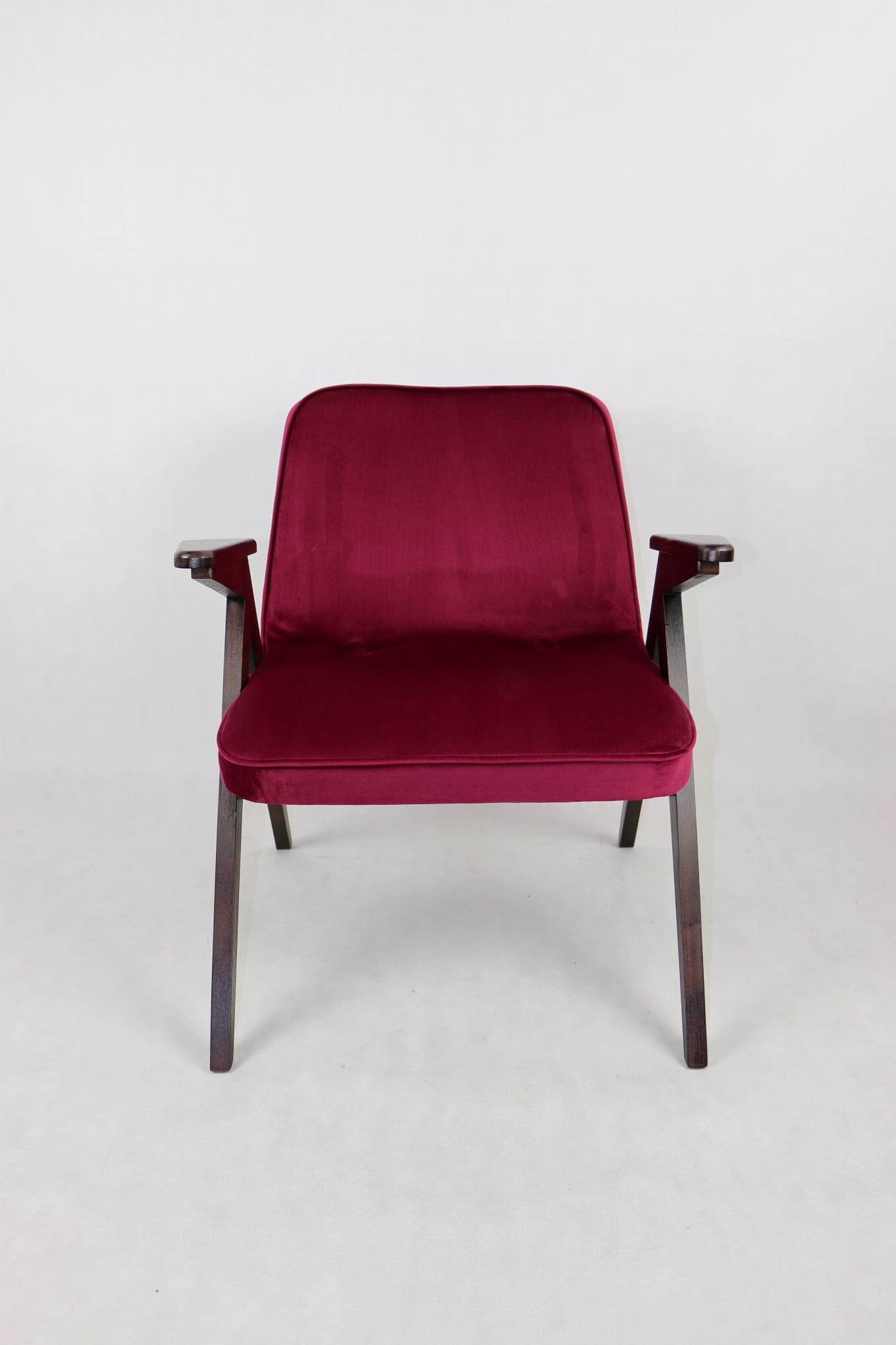 Armchair Bunny Zajączek, maroon velvet, walnut wood, by J. Chierowski, Poland, 1970s. - 107245