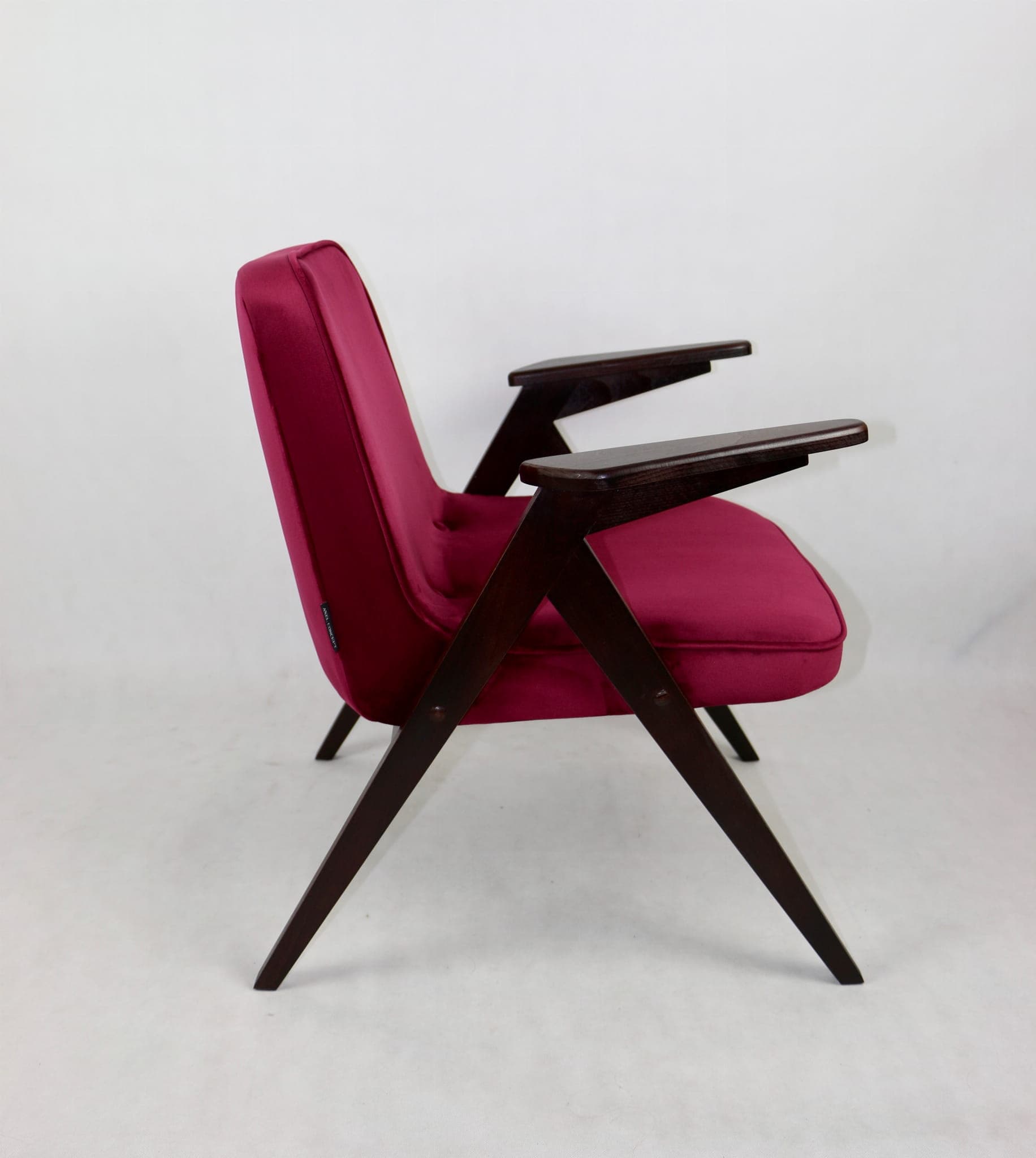 Armchair Bunny Zajączek, maroon velvet, walnut wood, by J. Chierowski, Poland, 1970s. - 107251