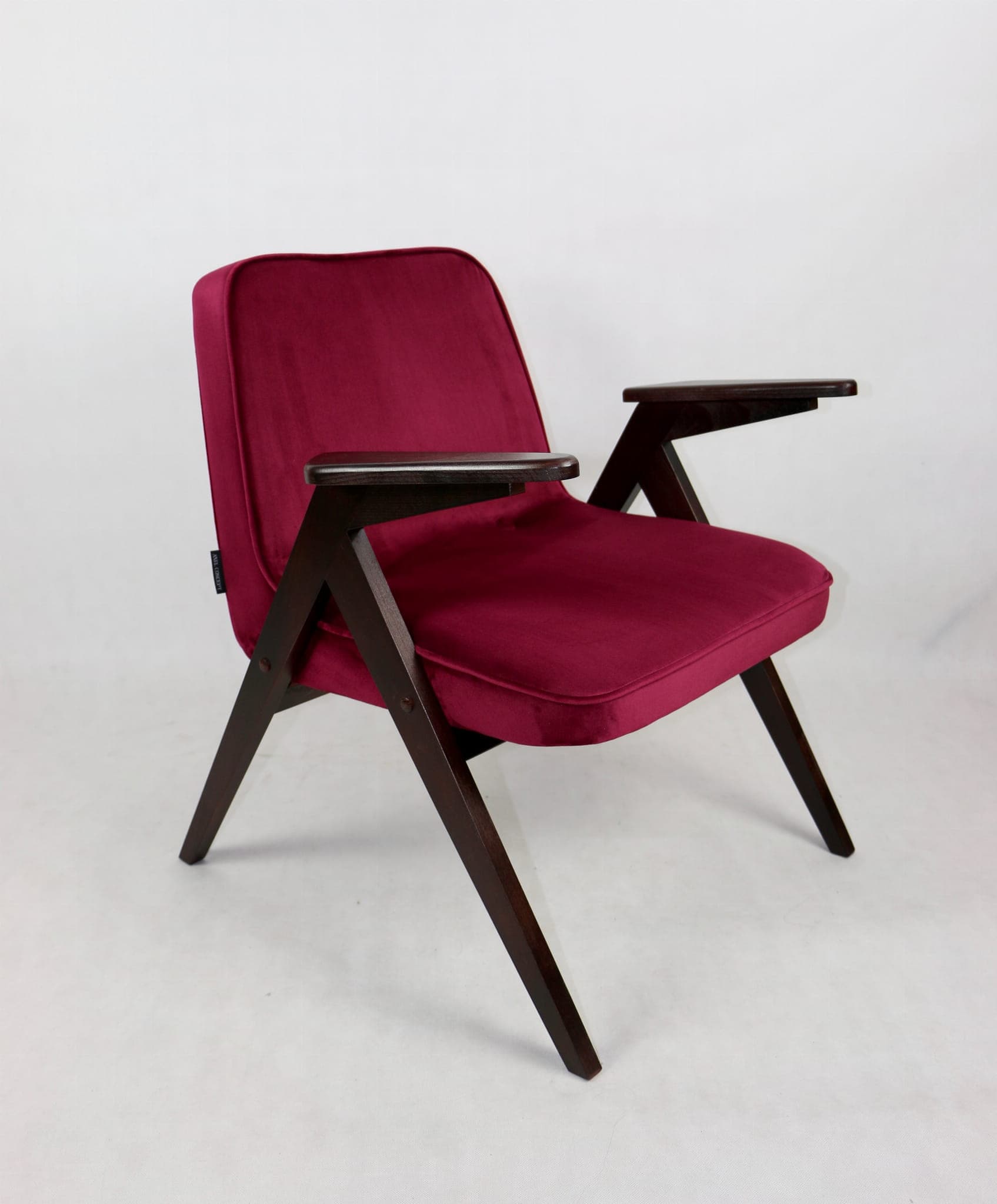 Armchair Bunny Zajączek, maroon velvet, walnut wood, by J. Chierowski, Poland, 1970s. - 107252