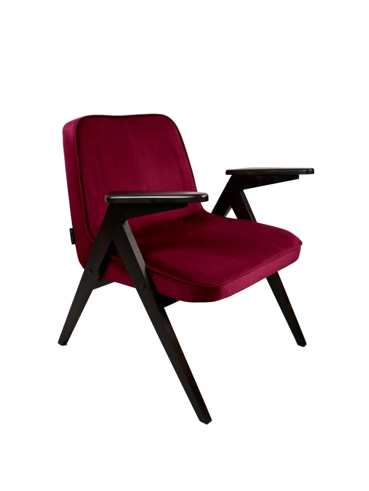 Armchair Bunny Zajączek, maroon velvet, walnut wood, by J. Chierowski, Poland, 1970s.