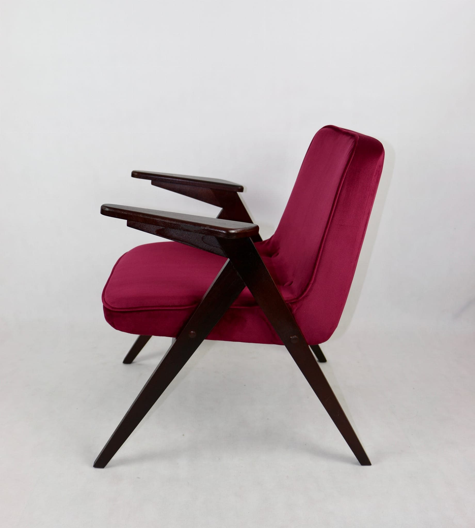 Armchair Bunny Zajączek, maroon velvet, walnut wood, by J. Chierowski, Poland, 1970s. - 107247