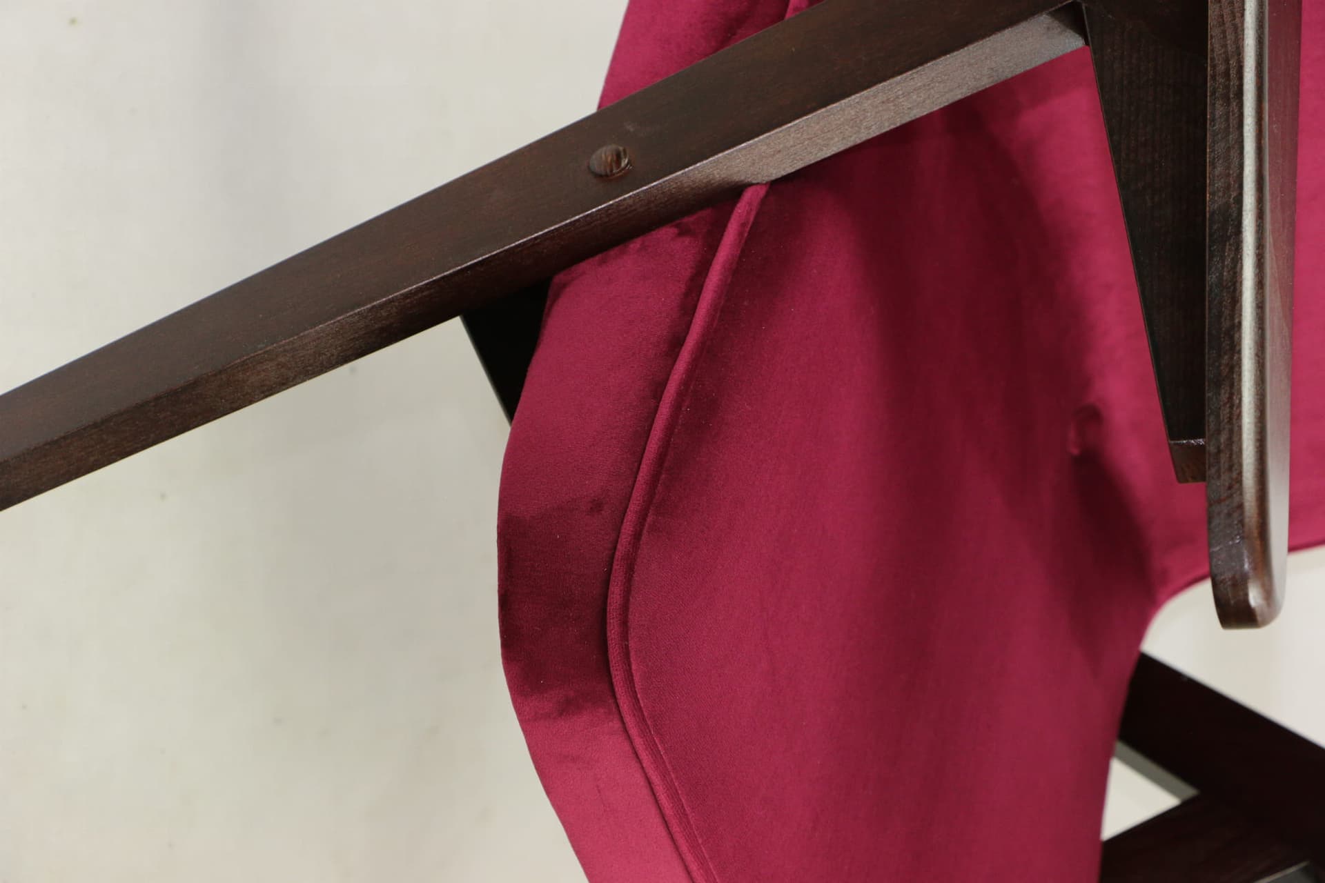 Armchair Bunny Zajączek, maroon velvet, walnut wood, by J. Chierowski, Poland, 1970s. - 107253