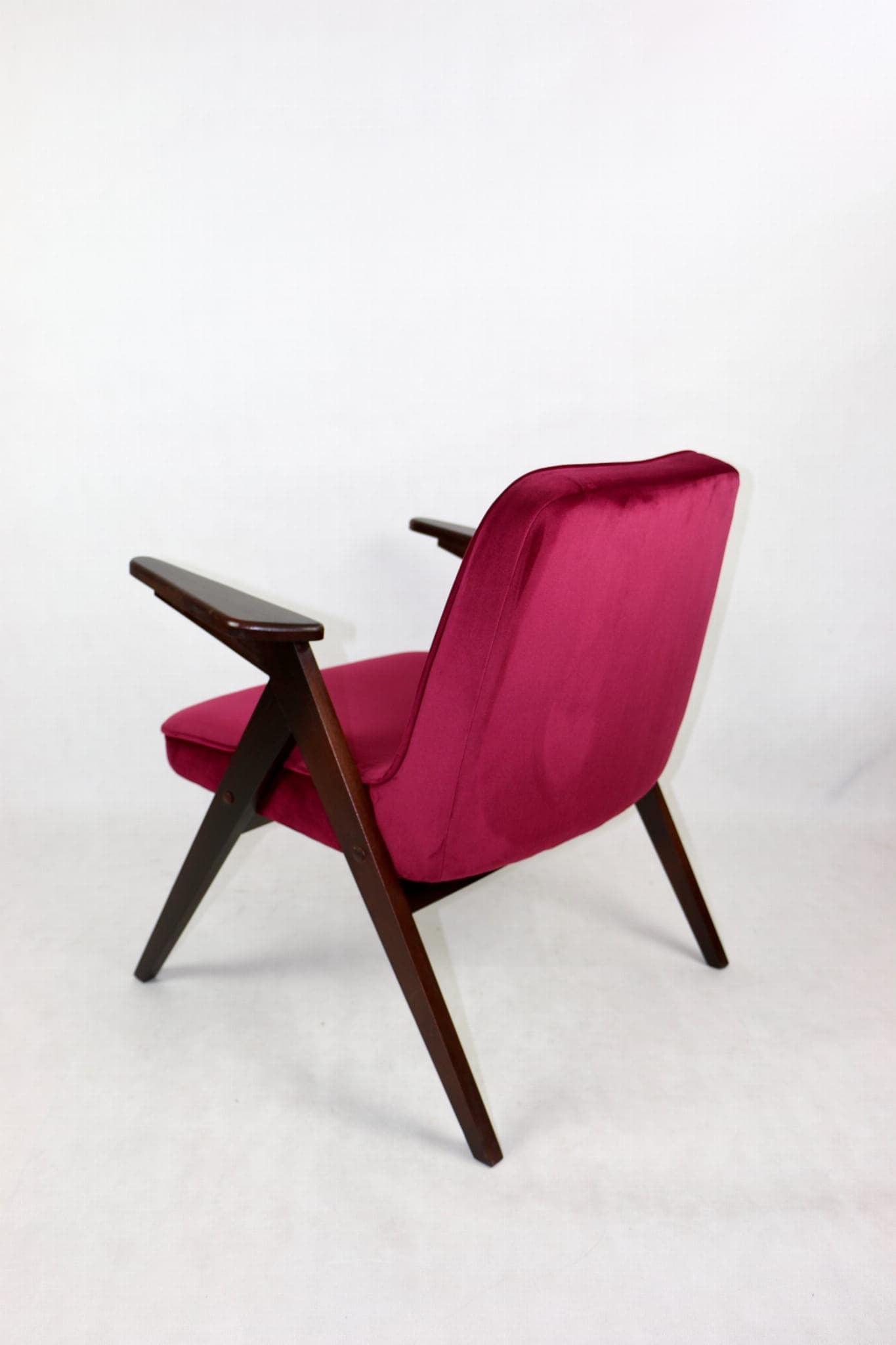 Armchair Bunny Zajączek, maroon velvet, walnut wood, by J. Chierowski, Poland, 1970s. - 107248