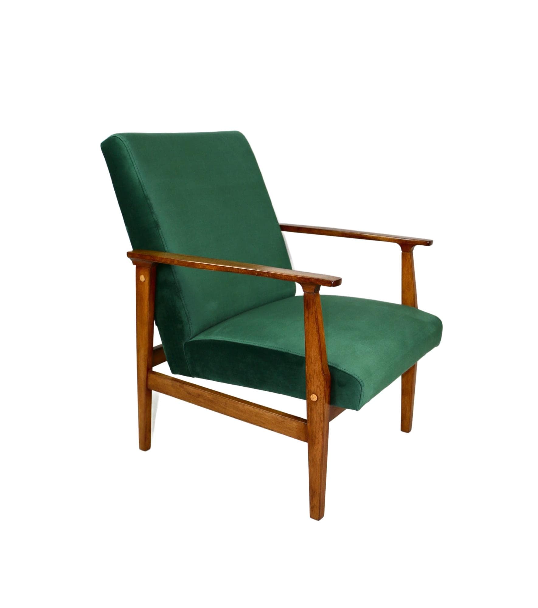 Fotel Paris, velvet zielony, drewno brązowe, lata 70.