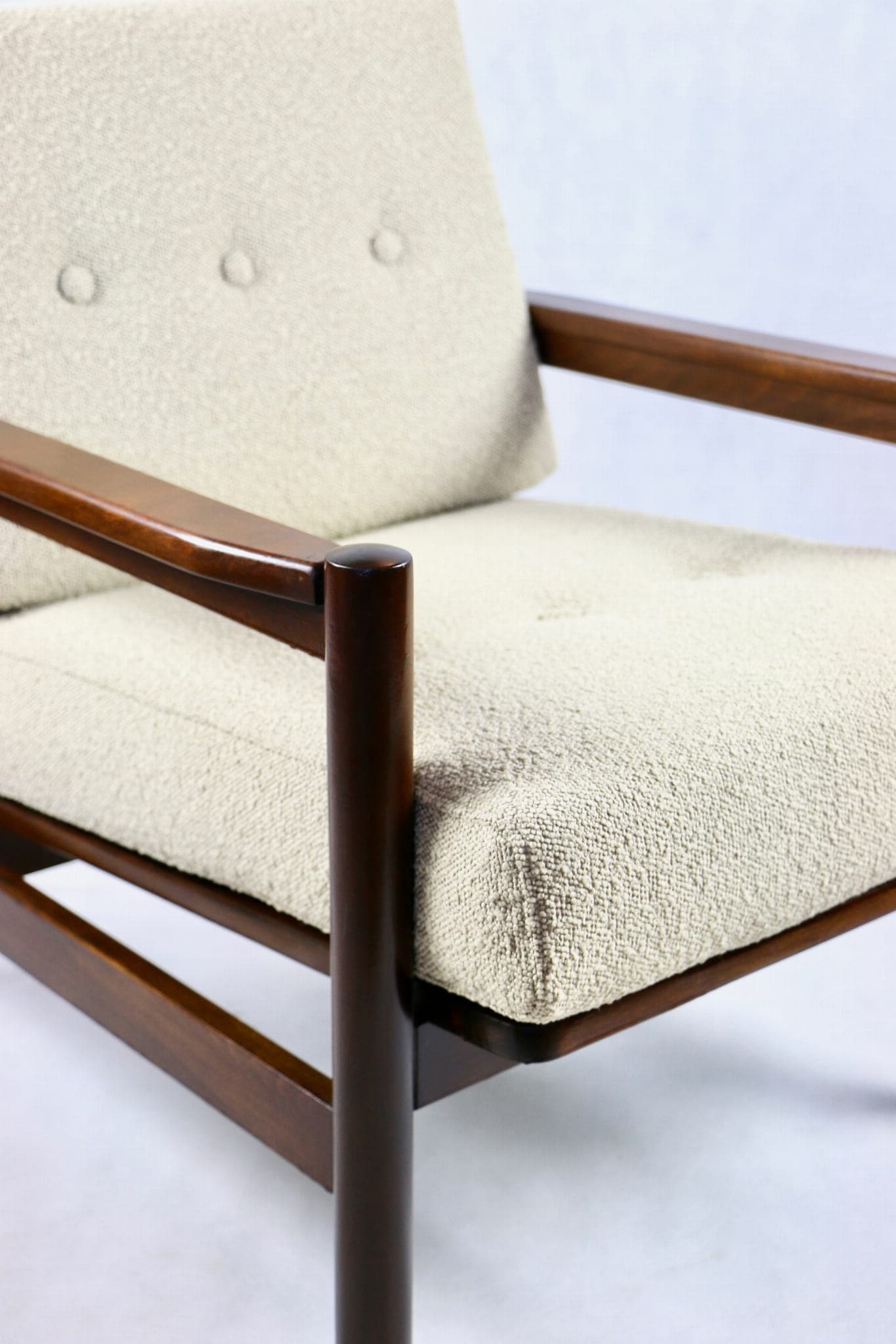 Armchair, beige bouclé, dark beech, by Z. Bączyk, Poland, 1970s. - 107139