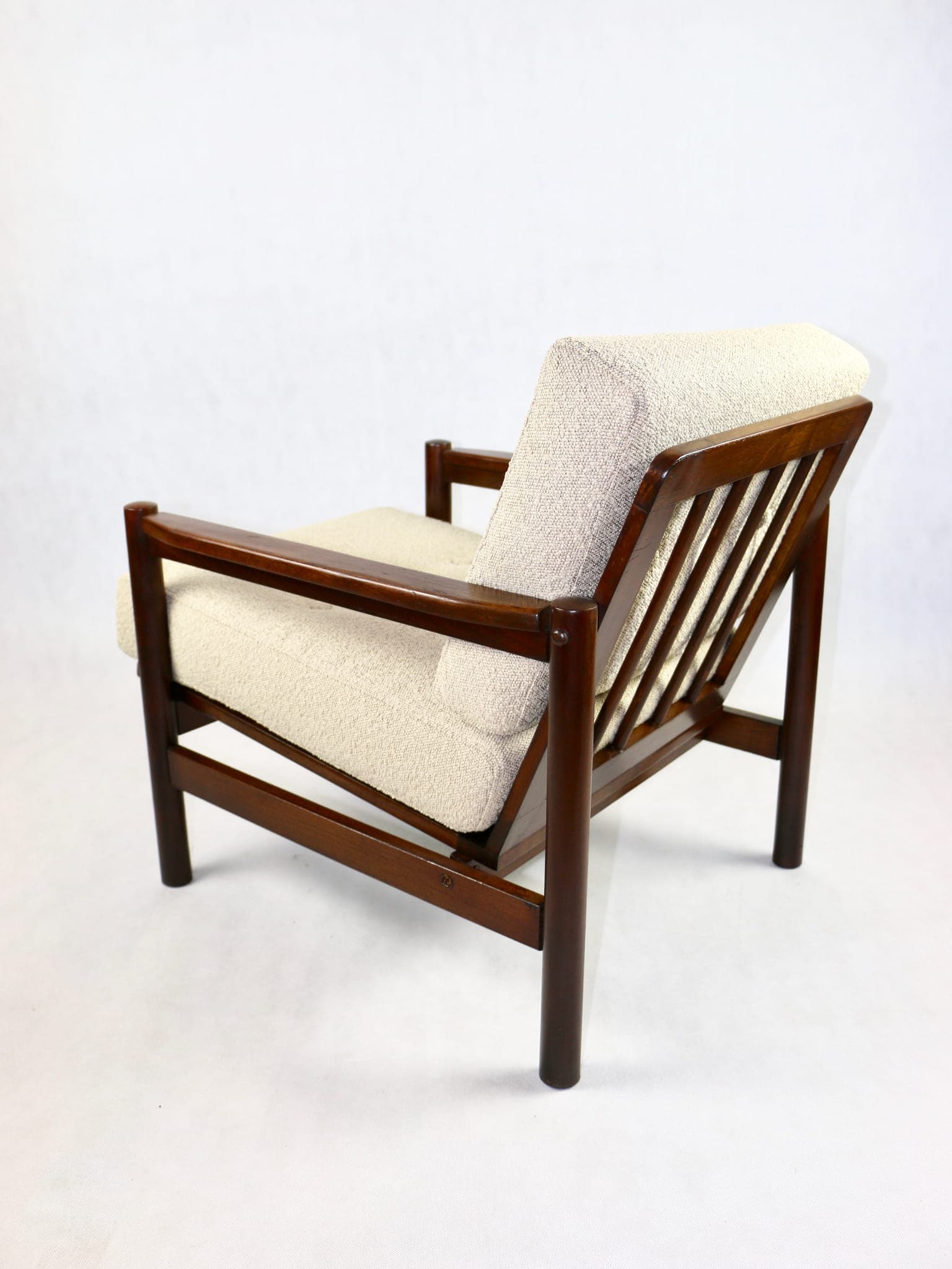 Armchair, beige bouclé, dark beech, by Z. Bączyk, Poland, 1970s. - 107135