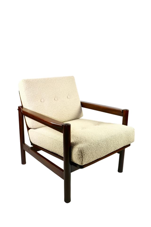 Armchair, beige bouclé, dark beech, by Z. Bączyk, Poland, 1970s. - DIMENSION