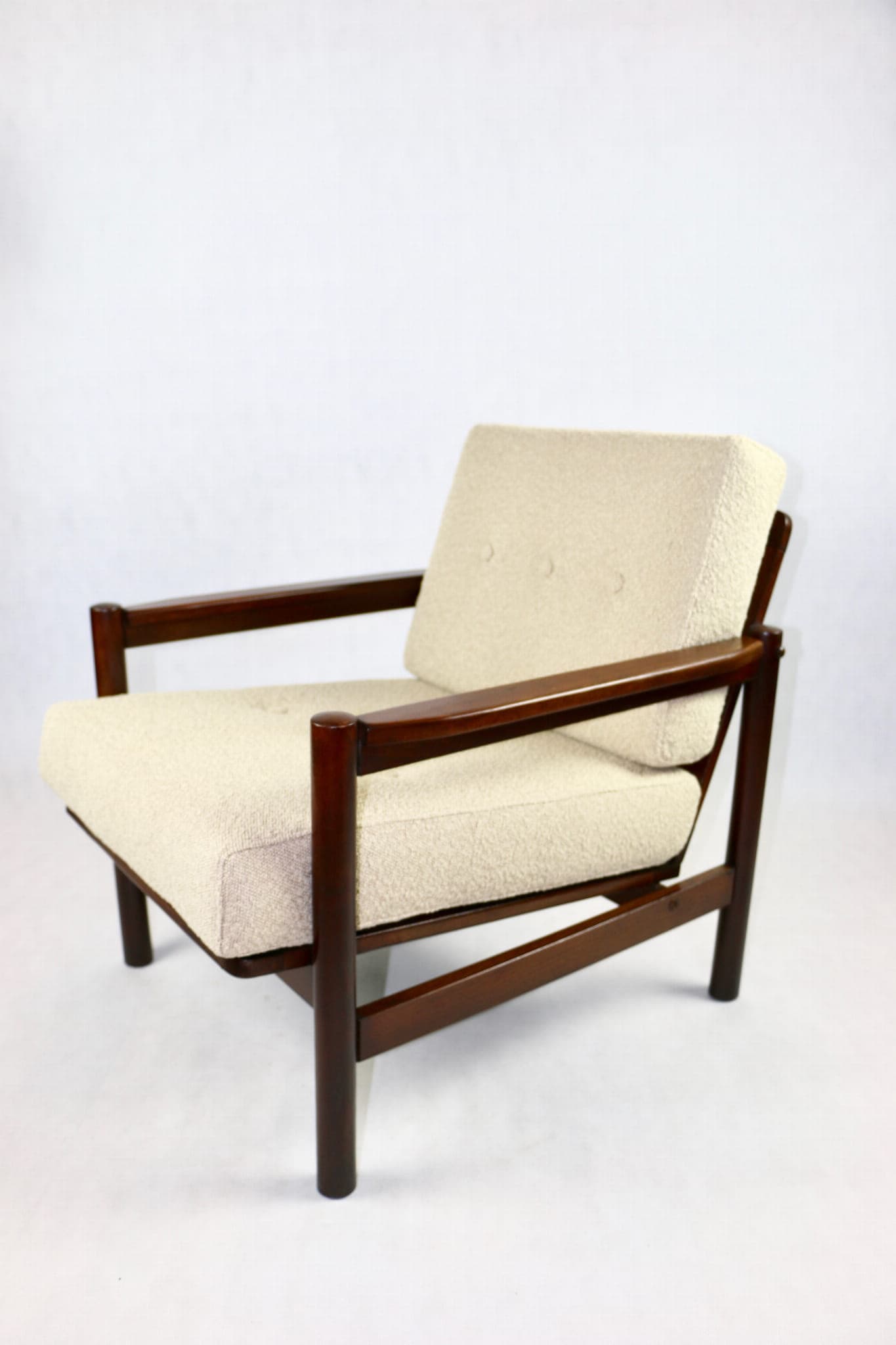 Armchair, beige bouclé, dark beech, by Z. Bączyk, Poland, 1970s. - 107133