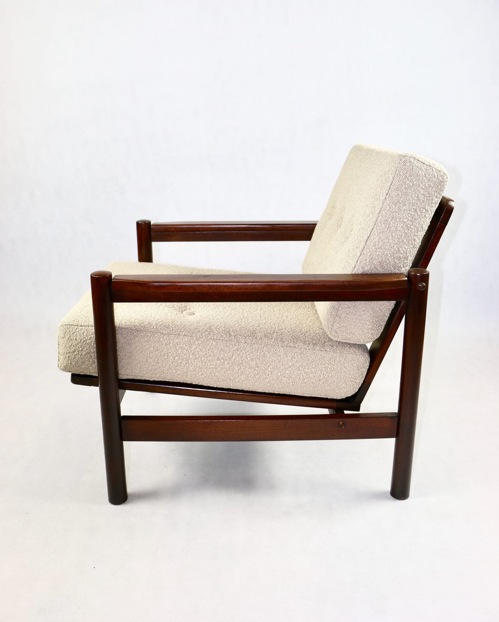 Armchair, beige bouclé, dark beech, by Z. Bączyk, Poland, 1970s. - 107134