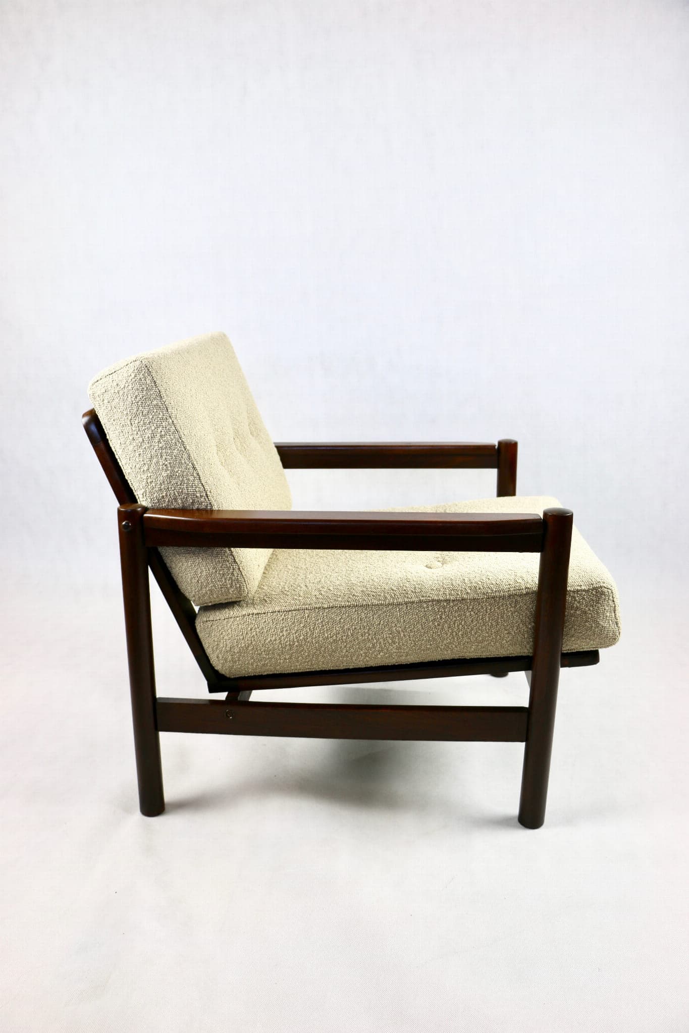 Armchair, beige bouclé, dark beech, by Z. Bączyk, Poland, 1970s. - 107137