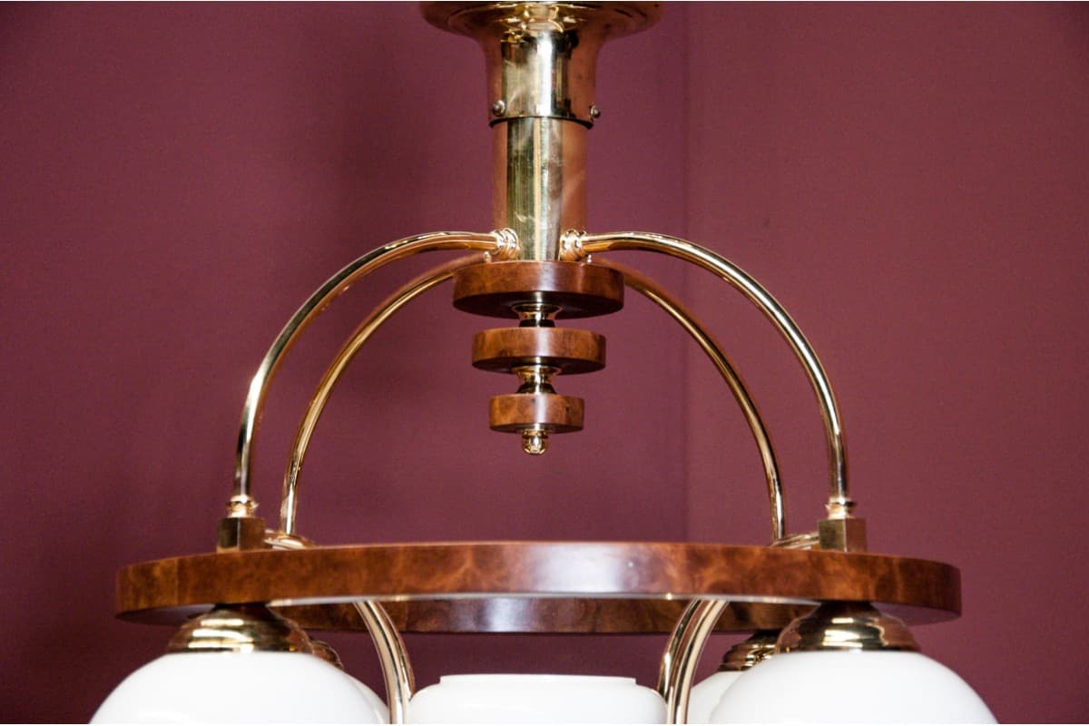 Orzechowy żyrandol Art Deco, Polska, lata 40. - 58847