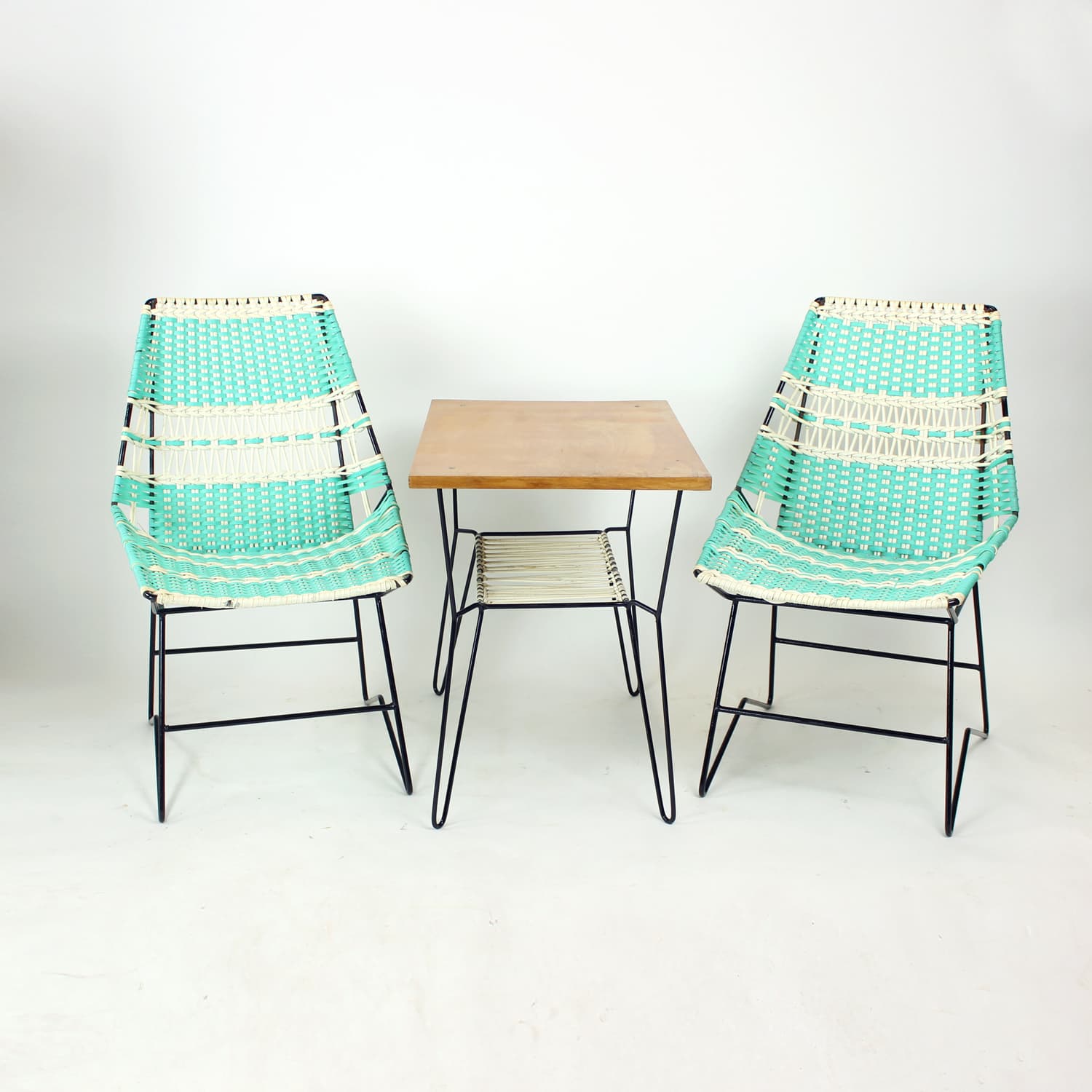 Zestaw wypoczynkowy, turkusowy, metal, plastik, drewno, Czechosłowacja, lata 60. - 108284