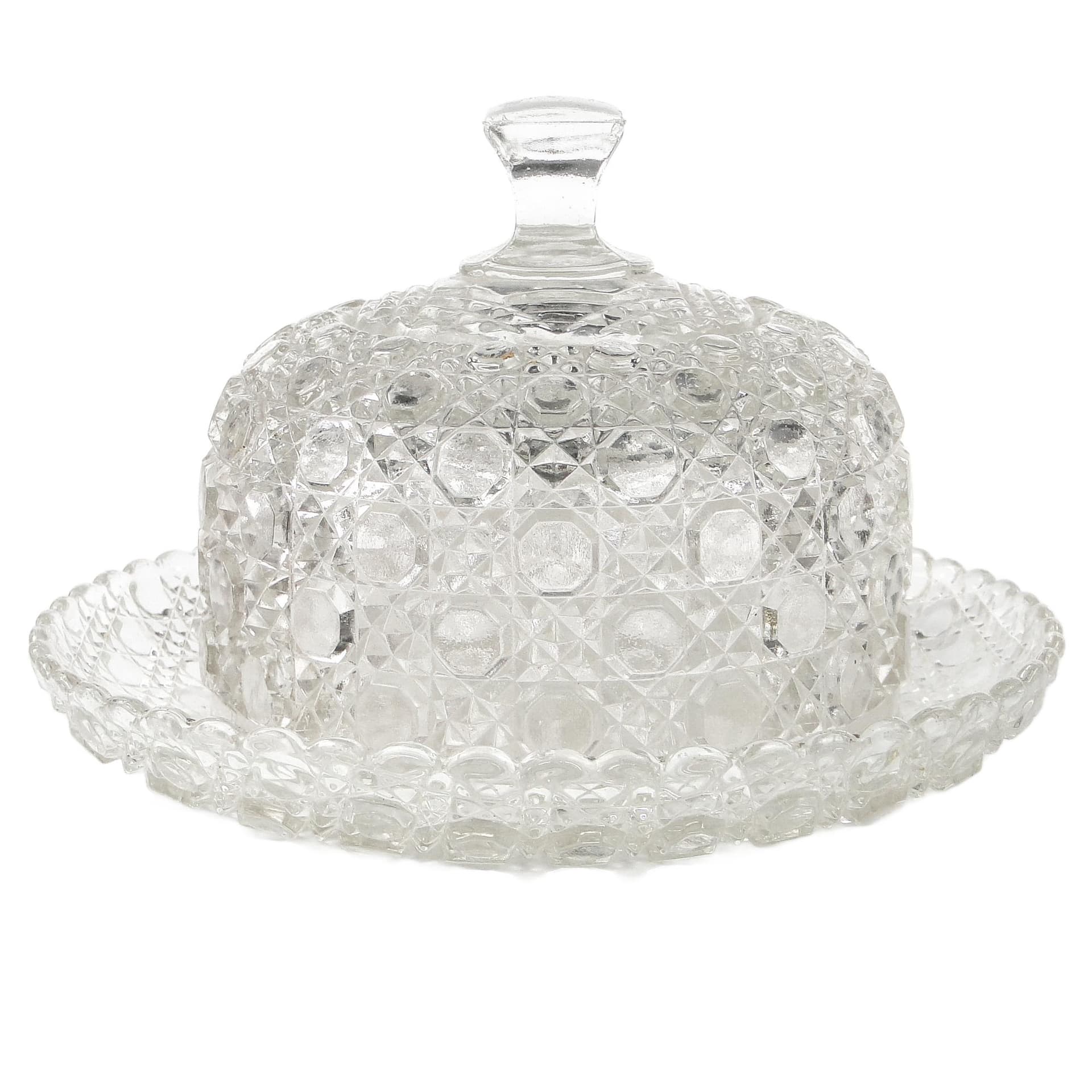 Pojemnik na ser lub masło Art Deco, szkło prasowane, Czechosłowacja, lata 50.