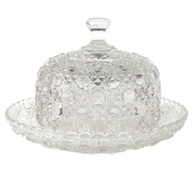 Pojemnik na ser lub masło Art Deco, szkło prasowane, Czechosłowacja, lata 50. - WYMIARY