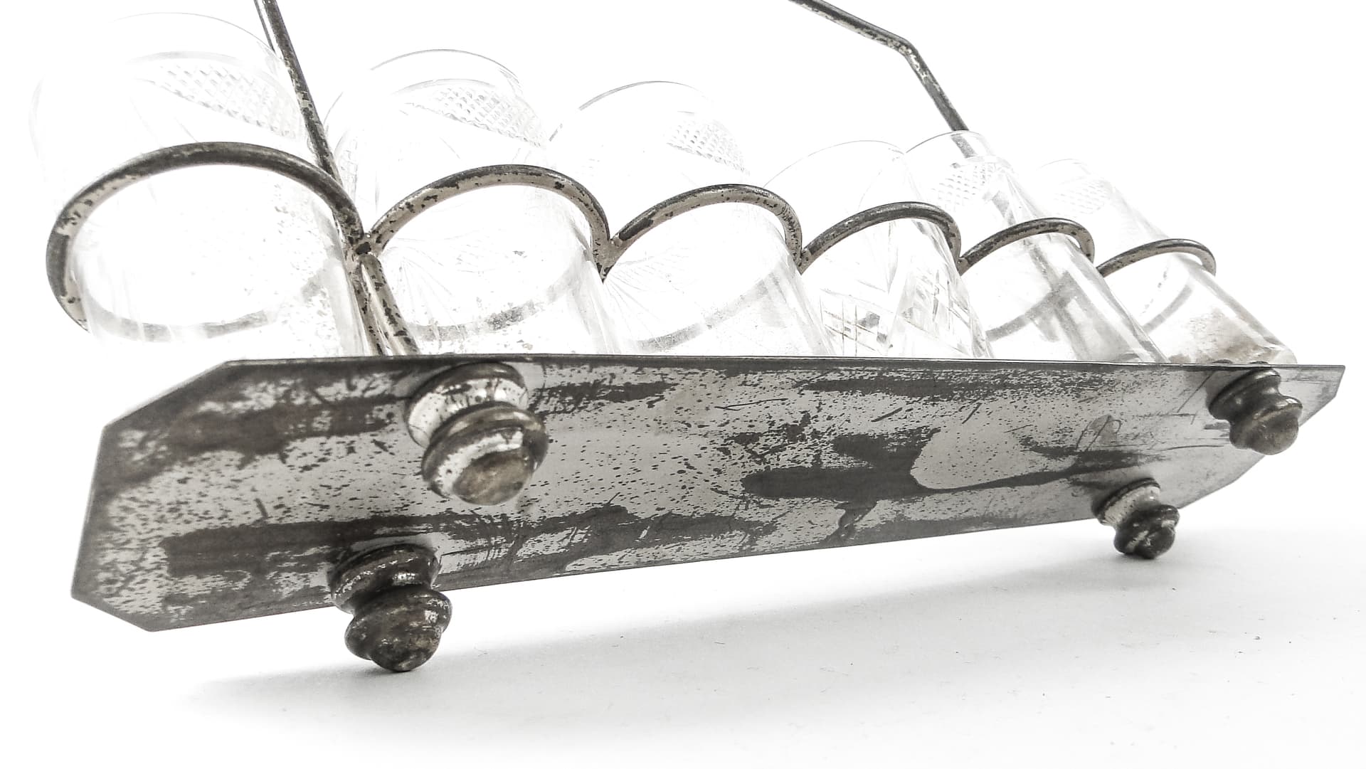 Kabaret na kieliszki do wódki, Secesja, mosiądz srebrzony, Austria, początek XX wieku - 109024