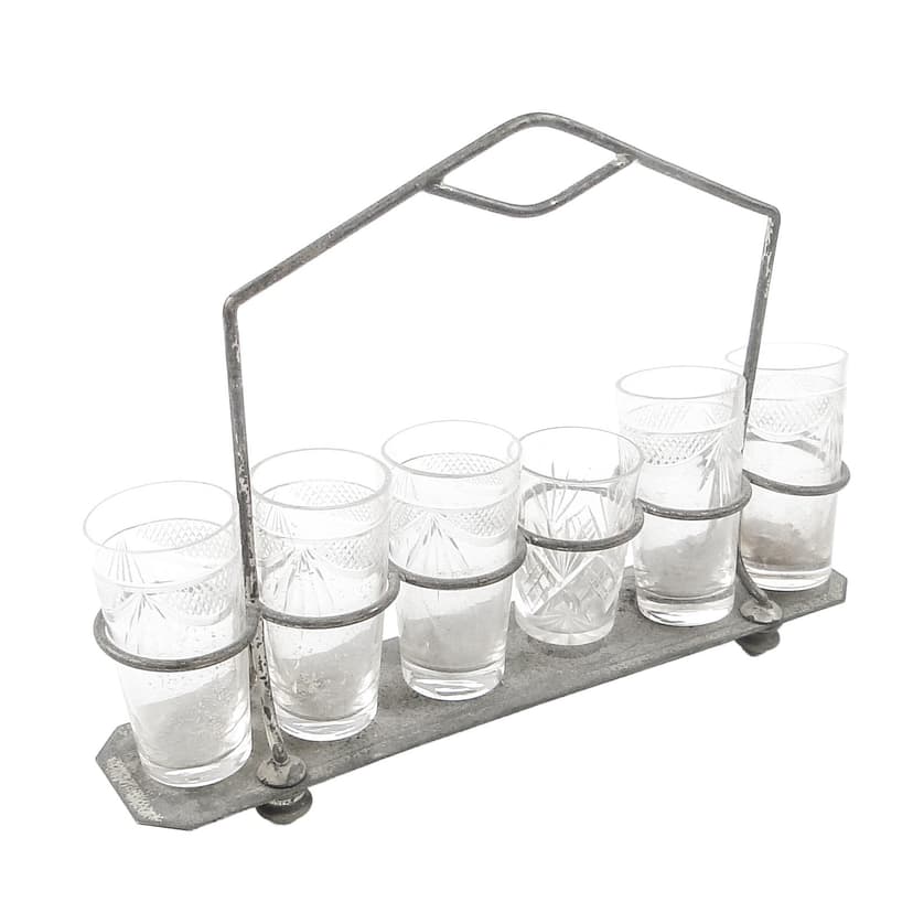 Kabaret na kieliszki do wódki, Secesja, mosiądz srebrzony, Austria, początek XX wieku