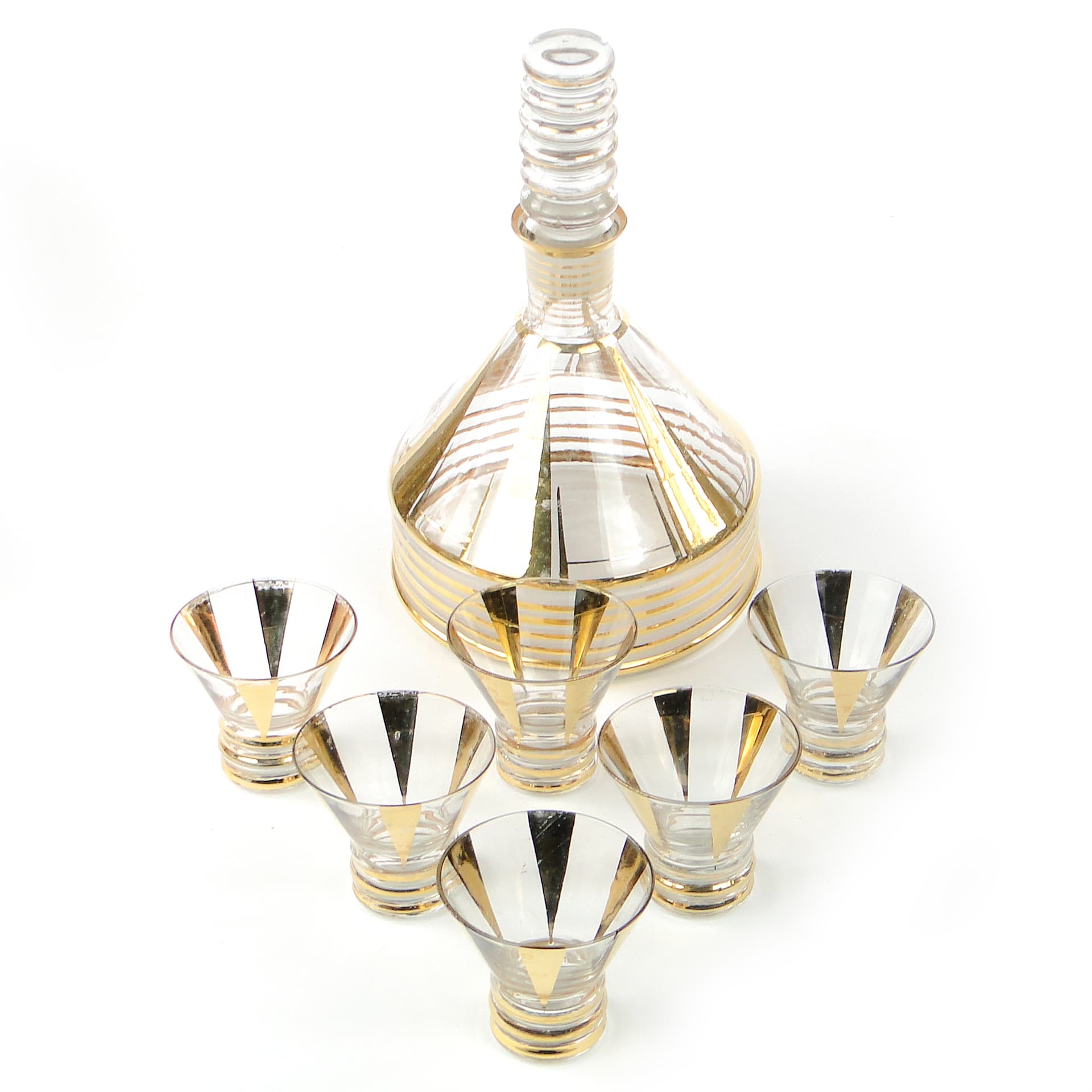 Komplet likierowy mid-century modern, szkło przezroczyste złocone, Kamenický Šenov, Czechosłowacja, lata 50. - 109067